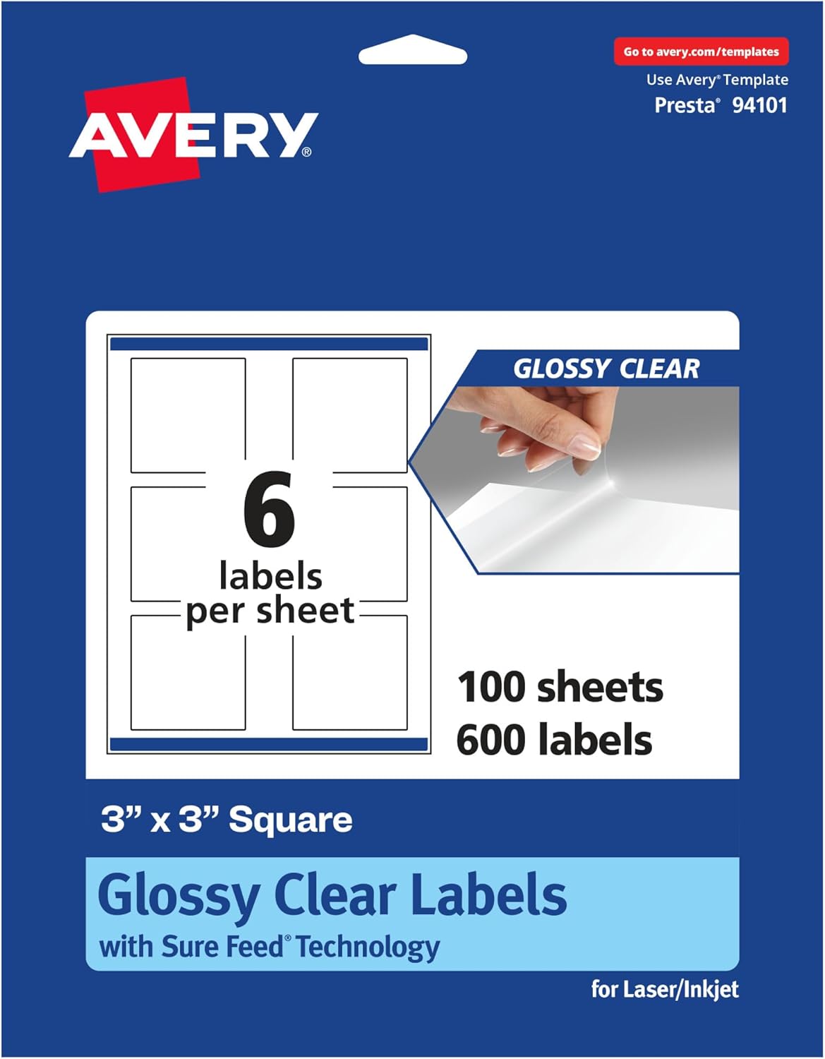 Avery Glossy Clear Square Labels, Sure Feed Technology, 3" x 3", 600 Glossy Clear Labels, Print-to-The-Edge, Laser/Inkjet Printable