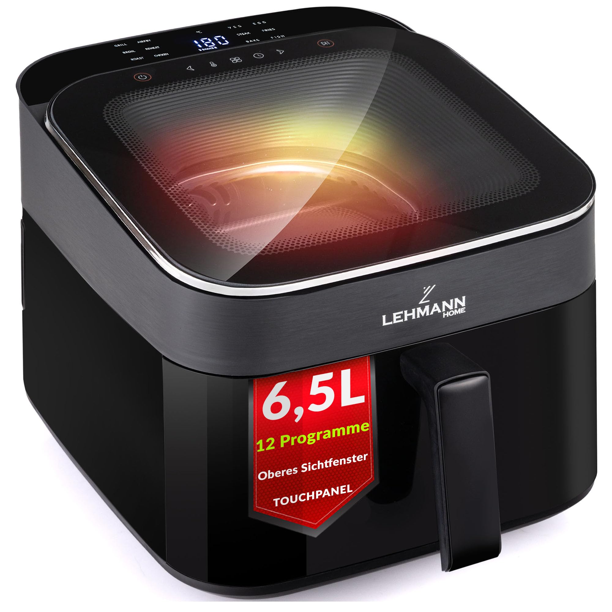 LEHMANN XL Heißluftfritteuse 6,5L, Airfryer mit oberem Panorama-Sichtfenster & Beleuchtung, Touchdisplay, 12 Programme, Rühr-Erinnerung, spülmaschinengeeignete Antihaft-Roste, Familien Air Fryer