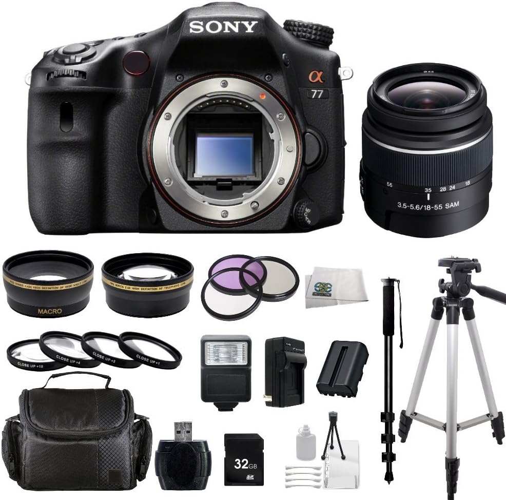 Sony SLT-A77 24.3 MP Digital SLR with Translucent Mirror Technology Includes Sony 18-55mm f/3.5-5.6 SAM DT Standard Zoom Lens for Sony Alpha Digital SLR Cameras, .43x Wide Angle & 2.2x Telephoto Lenses, 3 Piece Multi-Coated Filter Kit(UV-CPL-FLD), 4 Piece Close Up Macro Lens Set(+1,+2,+4,+10), 32GB Memory Card, USB Card Reader, Carrying Case, Monopod, Tripod and Cleaning Kit