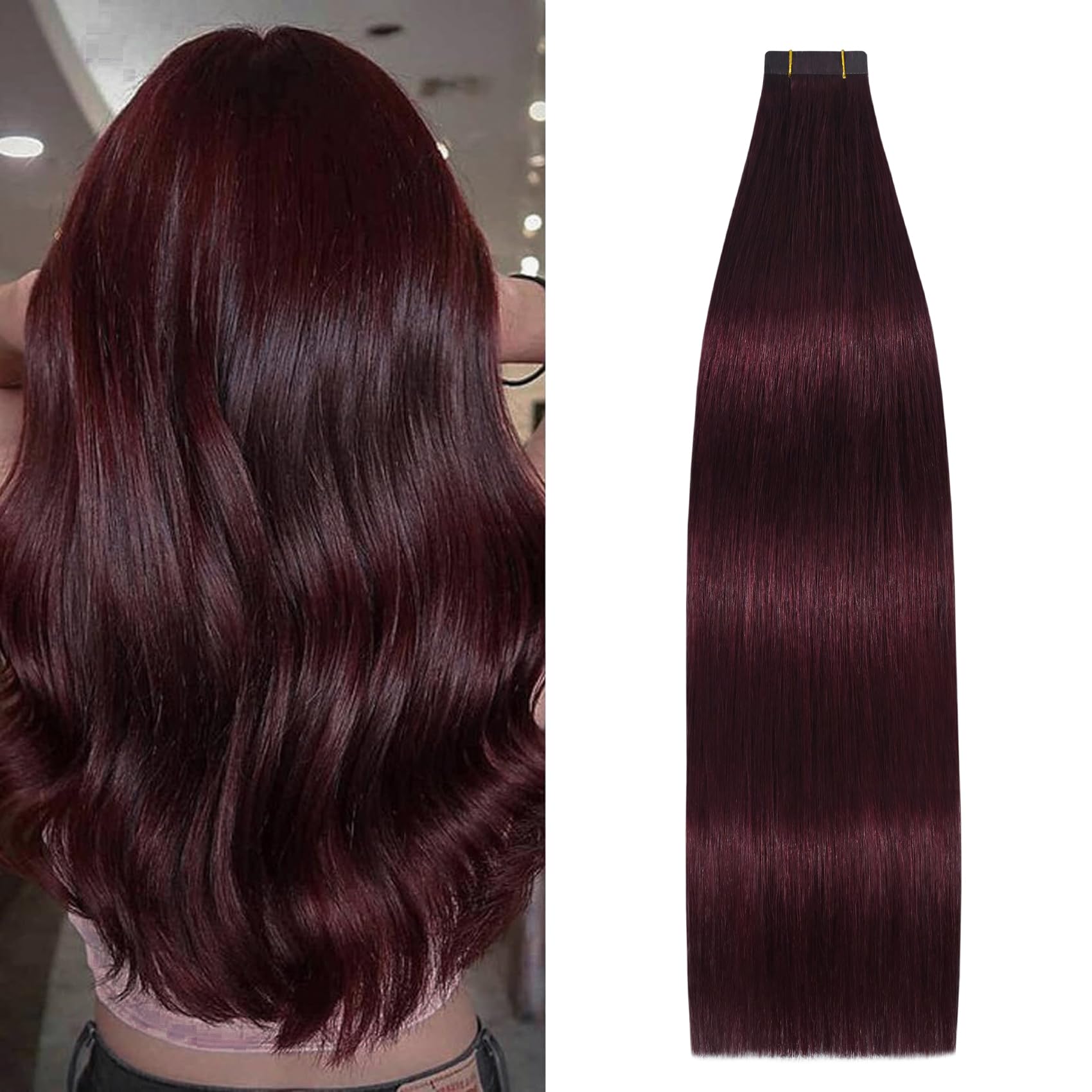 Aison Wine Red Tape in Hair Extensions Remy Human Hair Extensions Silky Straight for Women 20 Pcs/Package(20Inch #99j 50g)