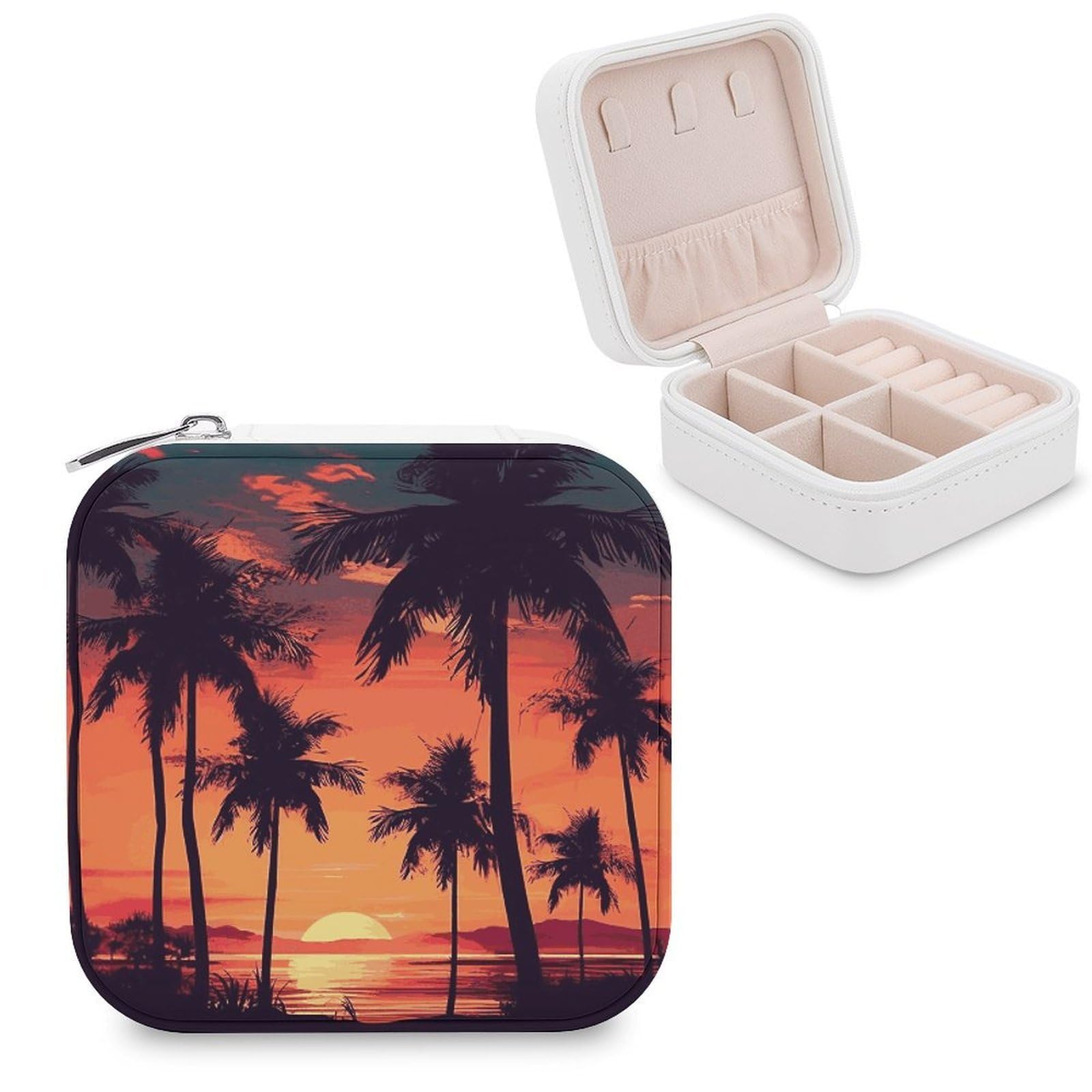 FekiLoot Palm Tree Summer Sunset Jewelry Box Custom Jewelry Travel Case Pu Leather Trinket Organizer Box to Organize Ring Pendant Earring Small Portable Jewelry Storage Holder for Women