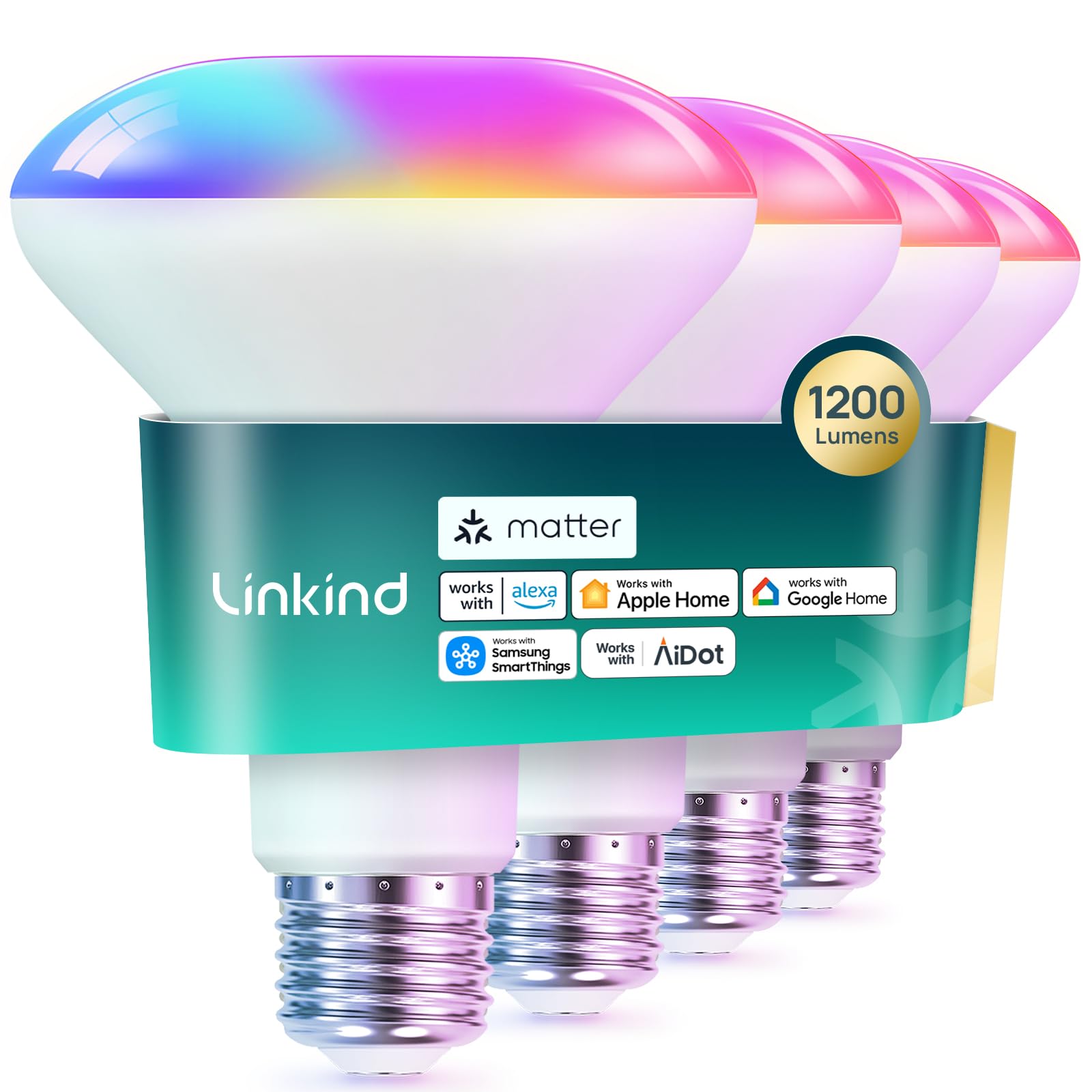 Linkind Matter BR30 Smart Light Bulbs, Alexa/Apple/Google Home, 4 Pack