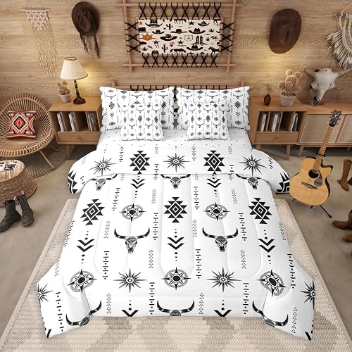 Rustic Bull Skull 7 Pieces Bedding Set King Size,Ethnic Western Aztec Bed in a B
