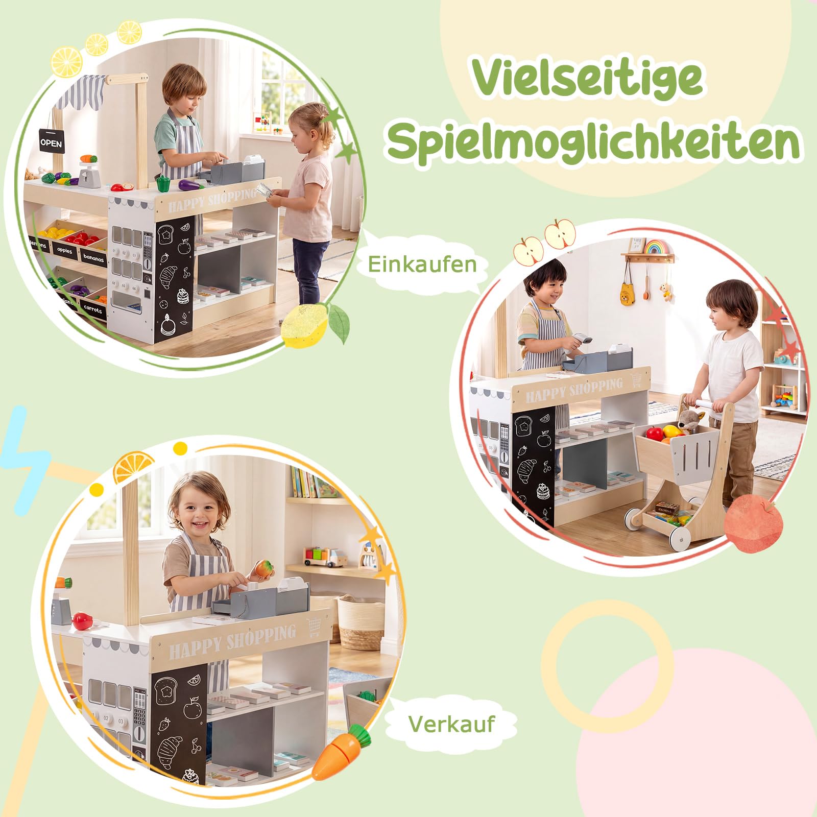 COSTWAY Kinder Kaufladen mit Einkaufswagen, Kaufmannsladen Holz mit Verkaufsautomat Spielzeug, Kasse, Ladentheke, Schiefertafeln, Regale & Spiellebensmittel, Supermarkt für Kinder ab 3 Jahren