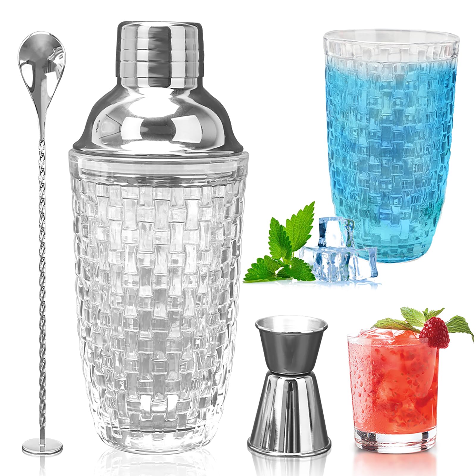 Coctelera de cristal, juego de coctelera de 400 ml, mezclador de cristal con vaso medidor de acero inoxidable y pala, coctelera para el hogar, bar, vino, zumos de frutas mixtas, bebidas, plata
