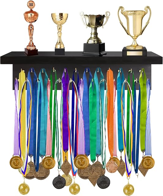 DSVENROLY Medal Holder Display Trophy Shelf Organize, Sturdy Wooden Medal Trophy Hanger Rack with 25 Steel Hooks, Wall Mount Medal Hanger for Race Medals Trophies Easy to Install