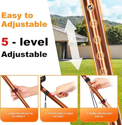 Miniatura 5 de MFE Bastón plegable, portátil de 5 niveles de altura ajustable con diseño plegable, correa de muñeca y mango en T para hombres y mujeres