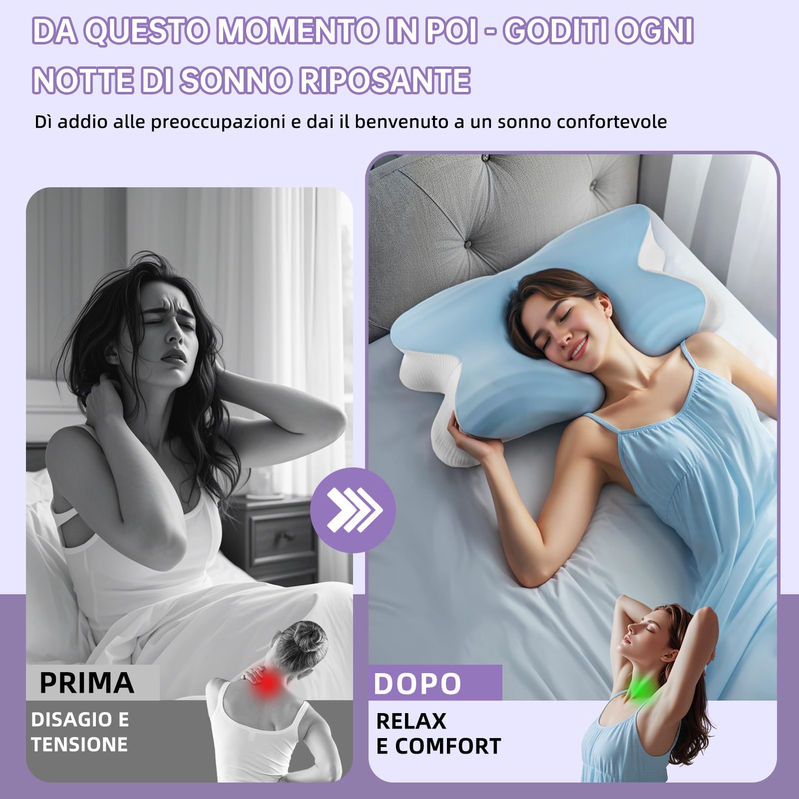 Cuscino Cervicale per Dormire, 2 in 1 Cuscino Cervicale Ortopedico, Cuscino Memory Foam, Cuscini Ergonomico Cervicale, Guanciale Cervicale per Dormitori Laterali, Supini e Proni