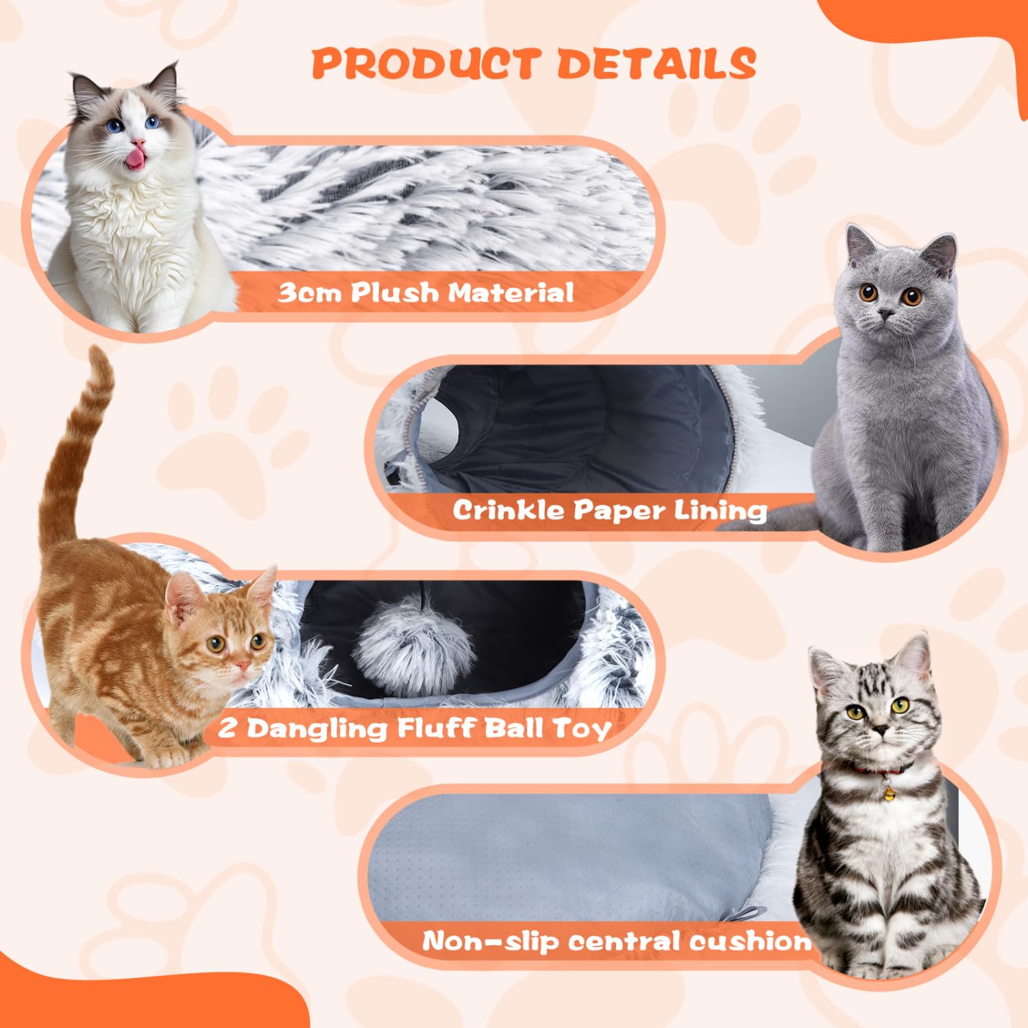 Nobleza Túnel para Gato de Peluche, 2 en 1 Cama Tunel para Gatos con Cojín Extraíble, Tunel Plegable para Mascotas con 2 Agujeros y Bolas Juguetes para Gatos Gatito Conejo Hurones