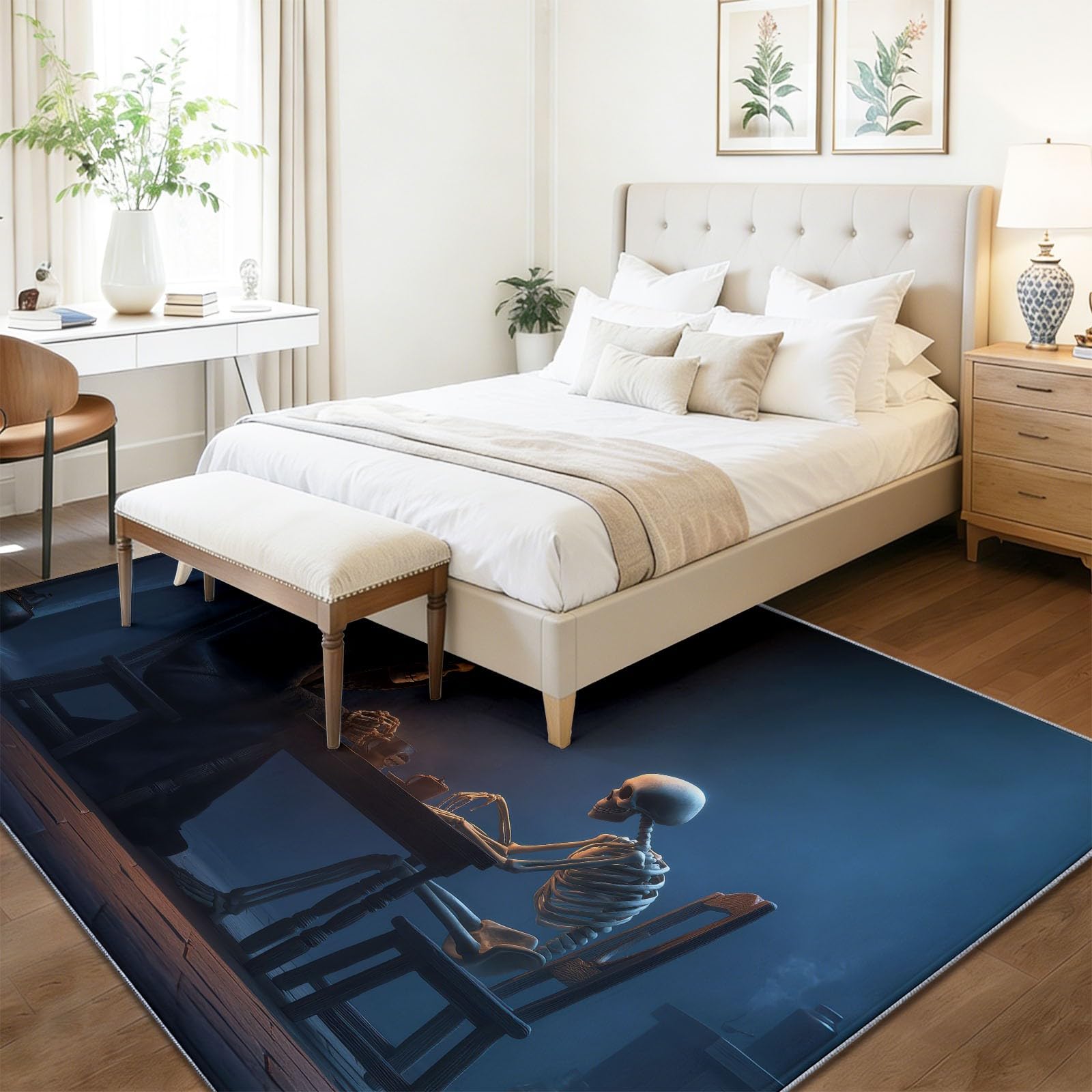 Dywan do salonu, można prać w pralce, dywan 80 x 150 cm, dywan antypoślizgowy, czarna czaszka, kinowy styl, niskie runo, nie gubi włosia, nadruk, do jadalni, domu, biura, sypialni