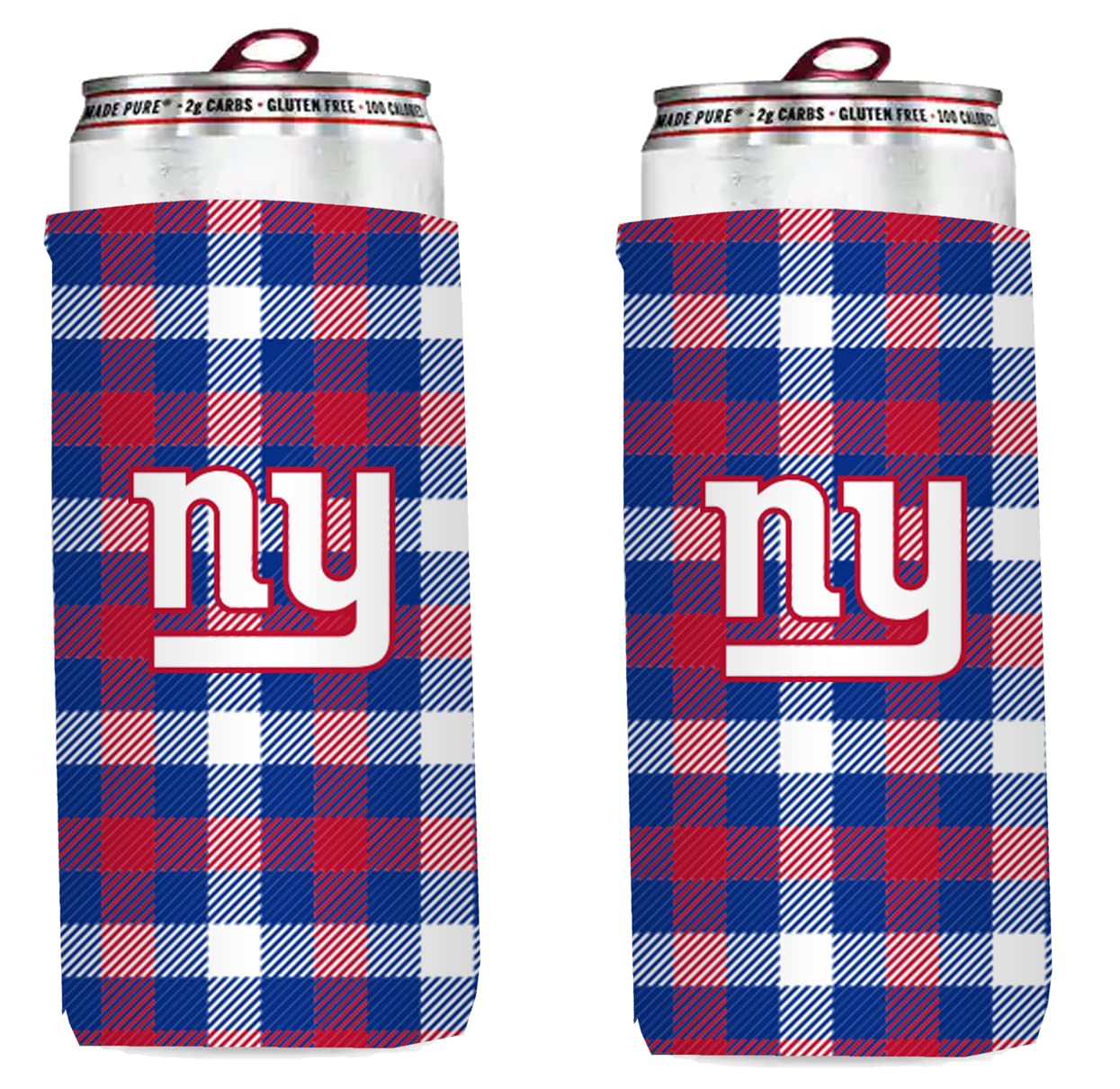 Football 12oz 2-Pack Slim Skinny Can Holder Insulator Beverage Huggie Cooler Coozies (New York (Giants) - Plaid Collapsible)