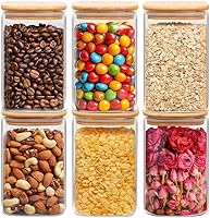 ComSaf 1.2 QT Glass Storage Containers with Airtight Wood Lids - Set of 6 Square Clear Pantry Jars for Flour, Pasta, Coffee, Cookies & More