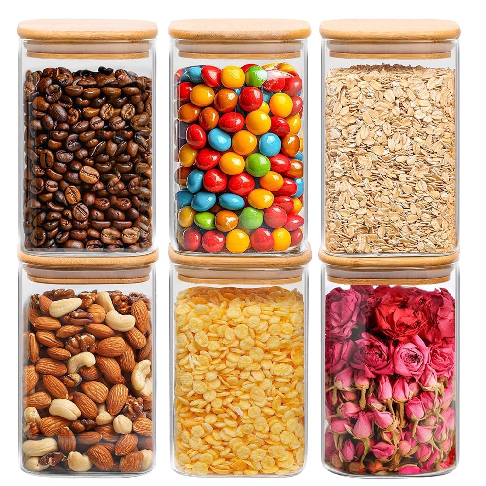 ComSaf 1.2 QT Glass Storage Containers with Lids, Glass Jars with Lids, Clear Food Jar, Square Canister Set of 6, Pantry Organizers and Storage for Cookie Flour Oat Pasta Tea Coffee Bean