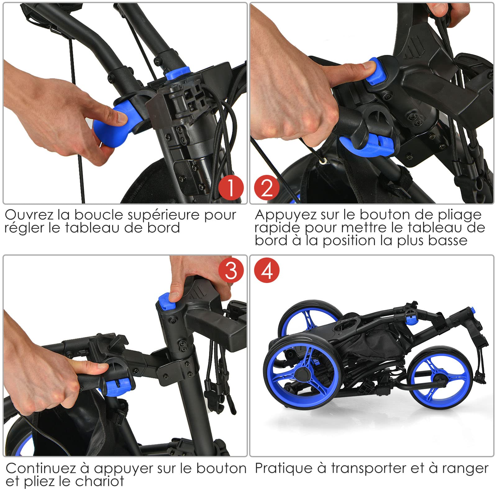 GOPLUS Chariot de Golf Pliable à 3 Roues, 4 Positions de Hauteur Réglables, Cadre en Alu, Porte-ombrelle Réglable, Sac Étanche, Frein à Pied, 121 x 70 x 116 CM