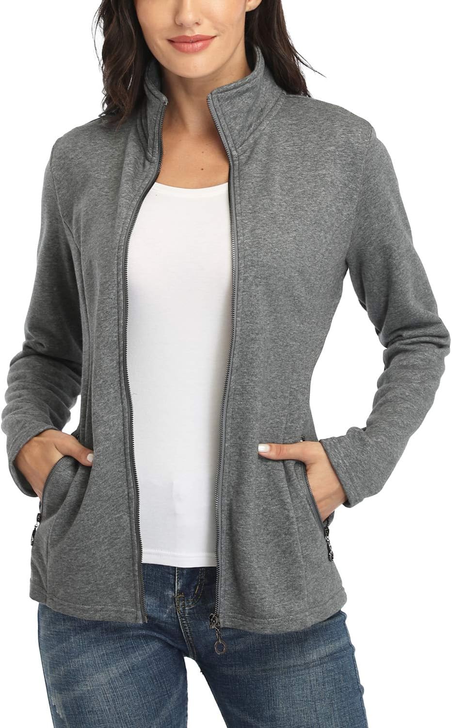 Women's Full-zip Jacket Stand Collar Sweatshirt Hoodless Cotton Slim Fit Running Jackets with Pockets - Image 5