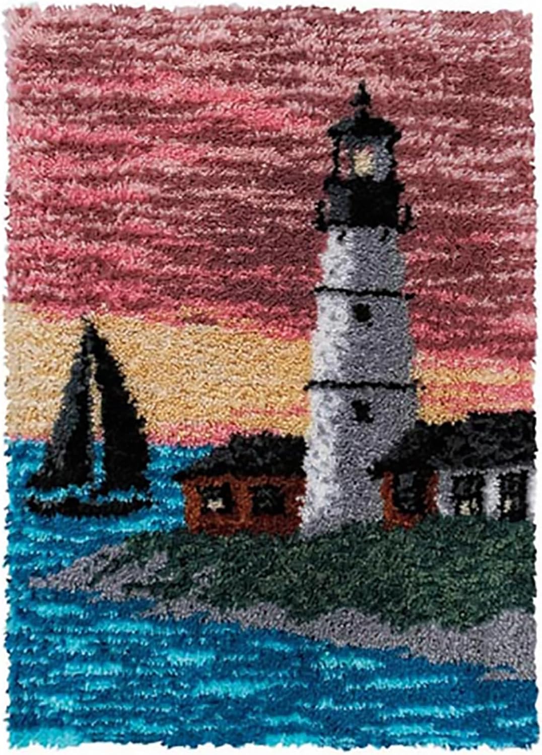 Large Latch Hook Rug Kit for Adults, DIY Crochet Yarn Rugs Tapestry Hooking Needlework Crafts Arts with Color Preprinted Pattern Embroidery for Home Decor,Sunset Lighthouse