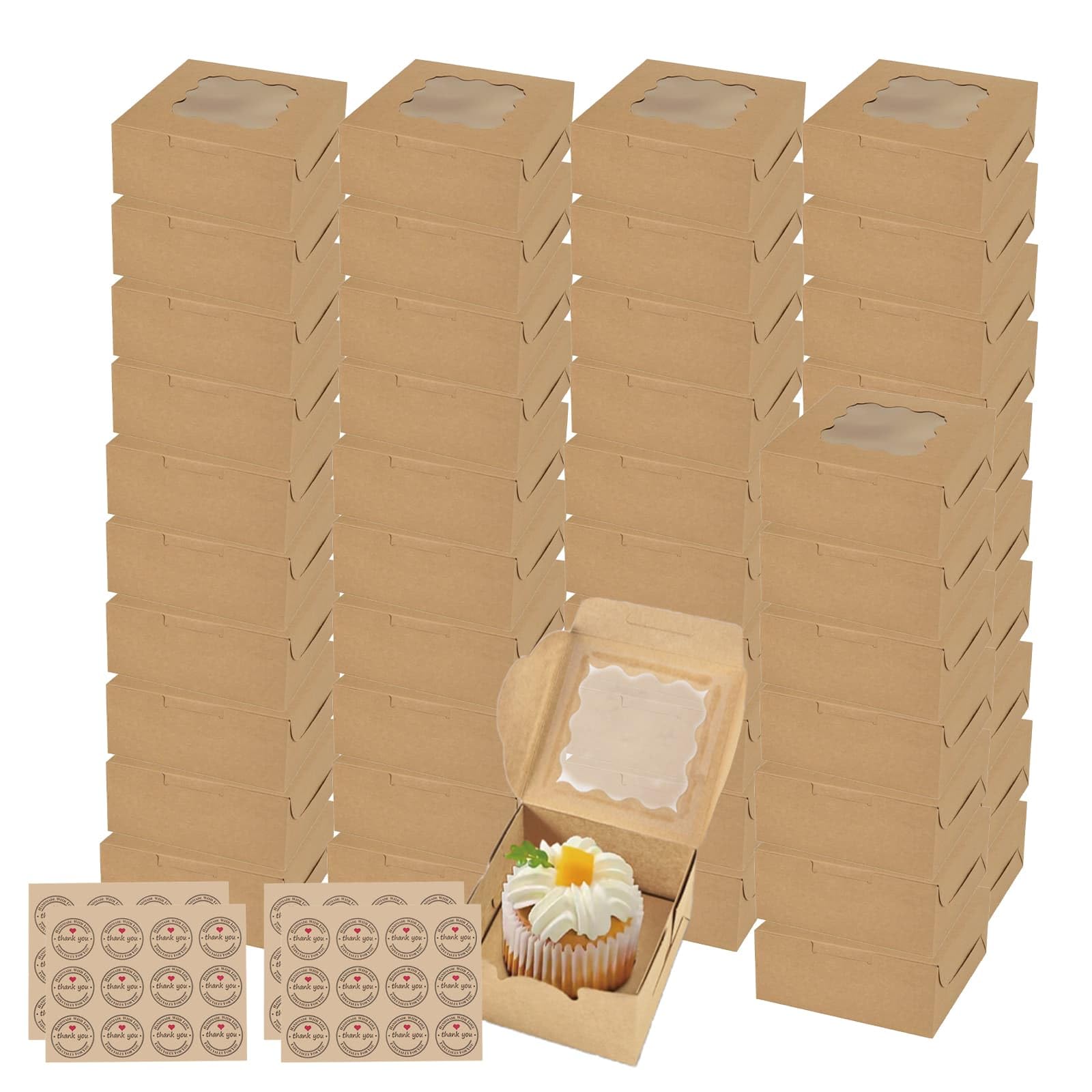 Dyuee Brown Bakery Boxes With Window 48Pcs Mini Takeaway Cake Boxes Pie Boxes 4'' Kraft Box With Window With Stickers Bakery Pastry Boxes For Cupcake Cookie Chocolate Sweet (10X10x6.7 Cm)