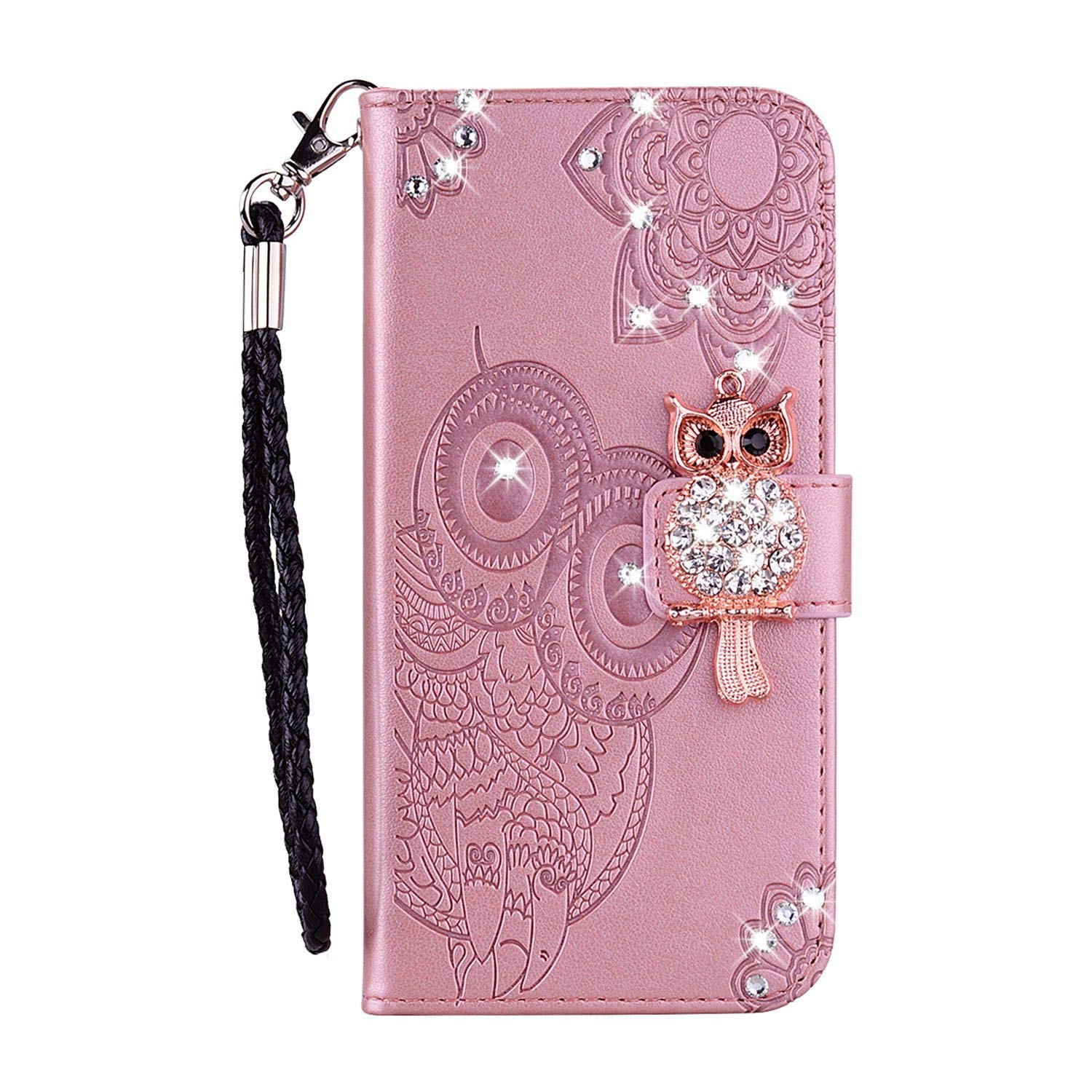 Draamvol Samsung A03S Case Leather,Protective Flip Wallet Card Slots Bumper with Shiny Owl Magnetic Clasp Kickstand Cover for Samsung Galaxy A03S Phone Case,Rose Gold