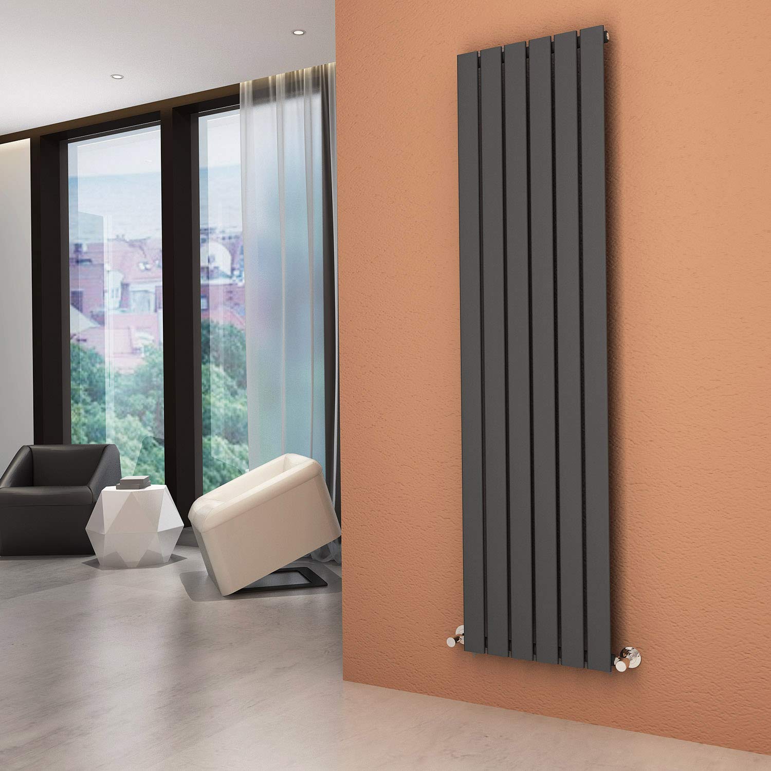 ELEGANT Vertical Column Designer Radiator Tall Upright Flat Panel 1800 x 452 mm Anthracite Single Radiators with Free Angled Valves