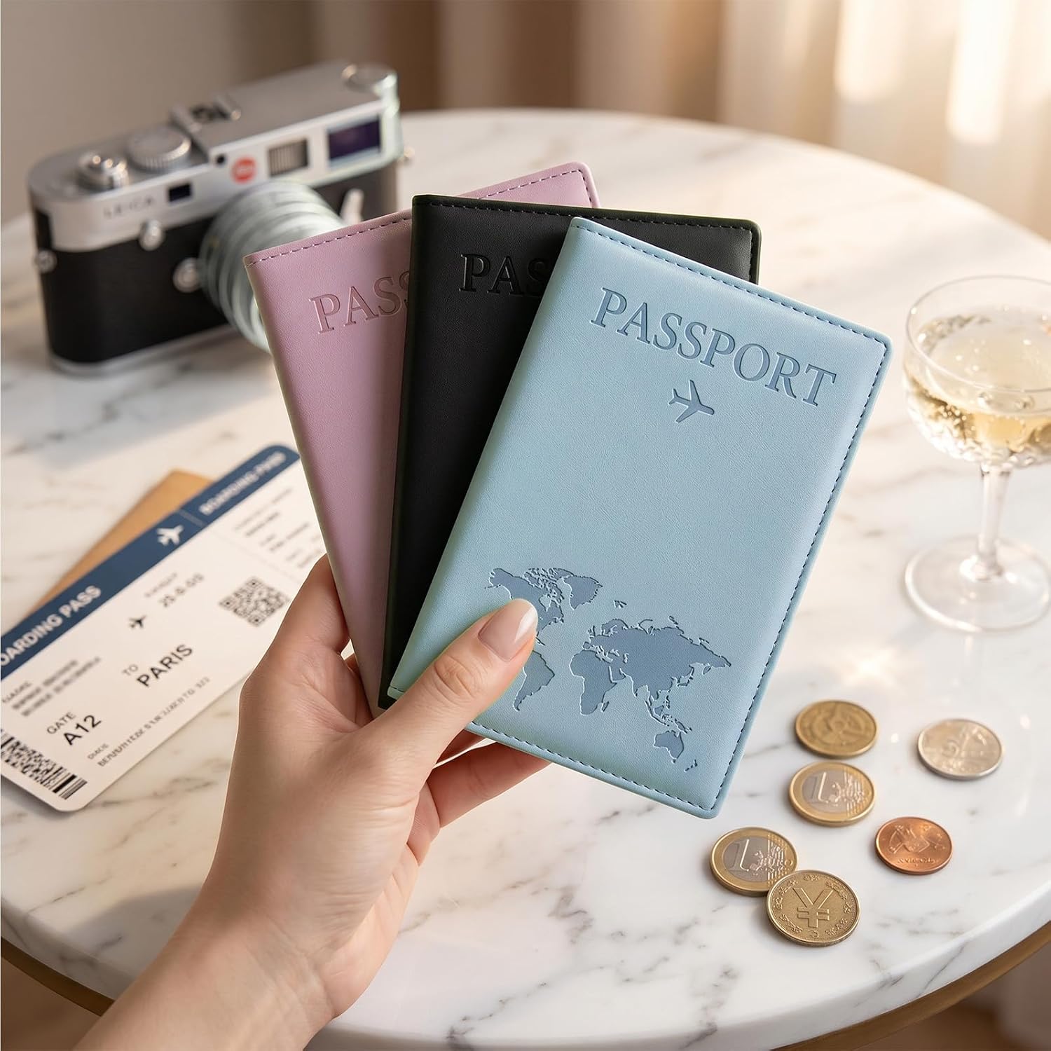 3 Pcs Passport Covers, Waterproof Leather Passport Protector Case, Wallet Cover Case, Anti-Lost Travel Essentials for Women Men Travel Accessories (black,bule,pink)