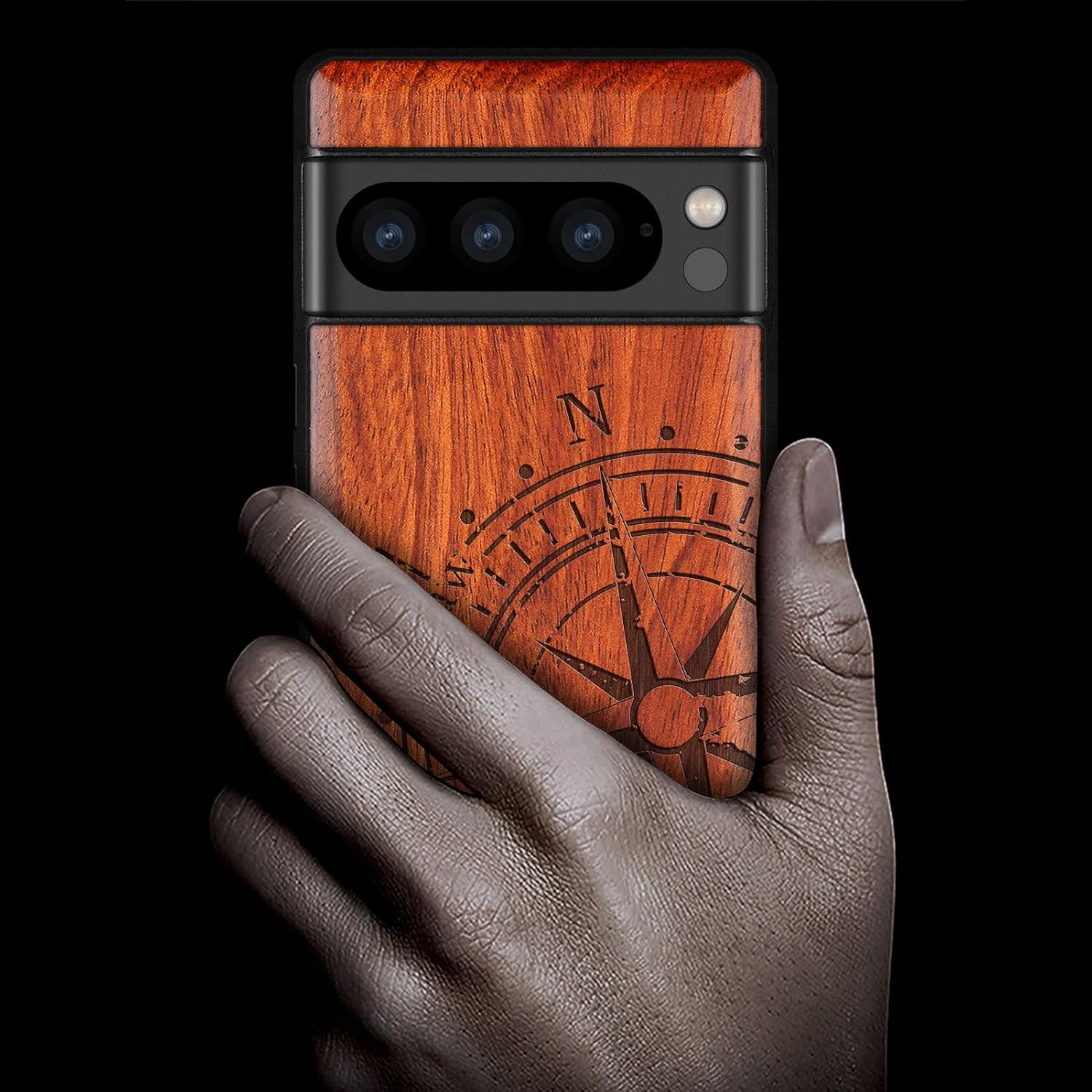 Carveit Wood Case for Pixel 8 Pro Case [Natural Wood & Black Soft TPU] Shockproof Protective Unique Wooden Cover Compatible with Google Pixel 8 Pro (Incomplete Compass-Rosy)