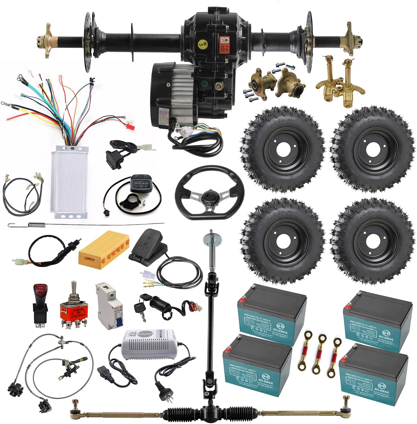 4.10-6 ATV Tubeless Tire Wheel Rim & 760mm Rear Axle & 1000W 48V Electric Motor & Differential Gearbox for DIY Four-Wheeler Go-Kart Quad Buggy Off-Road Vehicle