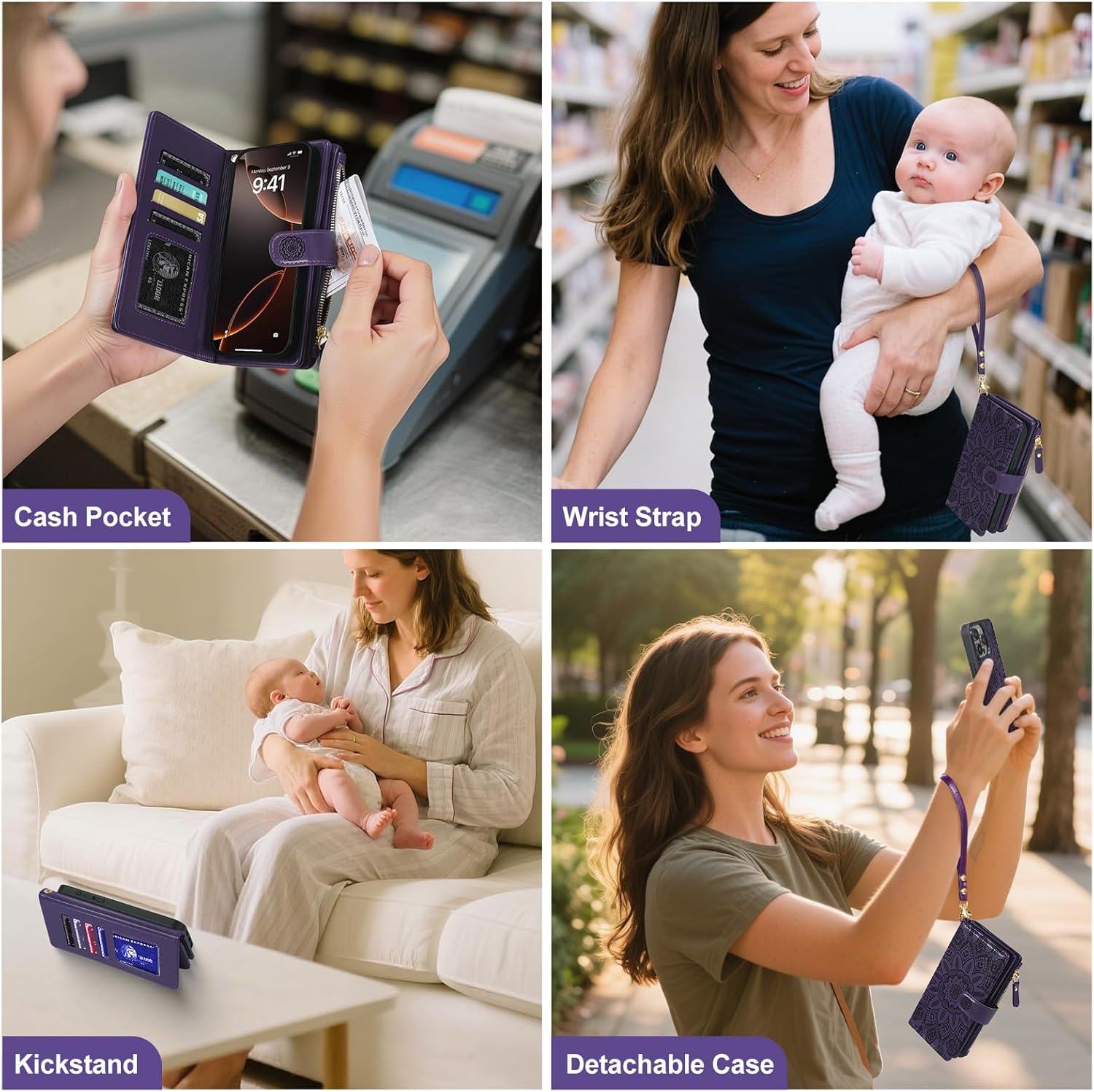 Harryshell 2 in 1 for iPhone 16e 17e Wallet Case Magnetic Compatible with Magsafe RFID Blocking Card Holder Detachable Phone Cover Zipper Purse Kickstand Wrist Strap for Men Women Floral Purple