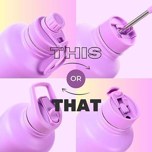 Miniatura 4 de THERMOSIS Botella de agua de 64 onzas con popote, botella de agua de medio galón, termo con apertura de boca ancha y 3 tapas. Incluye soporte para