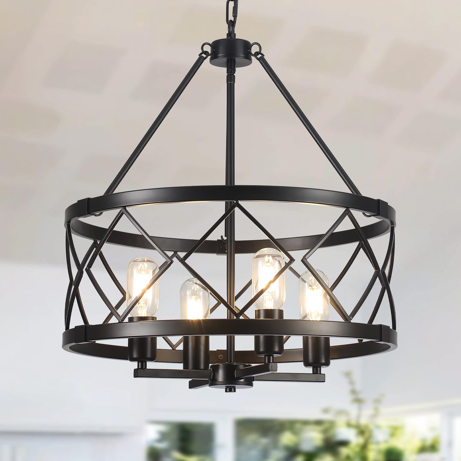 Kronleuchter Modern Schwarz 4 Flammig, Vintage Kronleuchter Hängelampe Wohnzimmer, Landhaus Industrie Deckenlampe Hängend Pendelleuchte für Esszimmer Flur Foyer Schlafzimmer