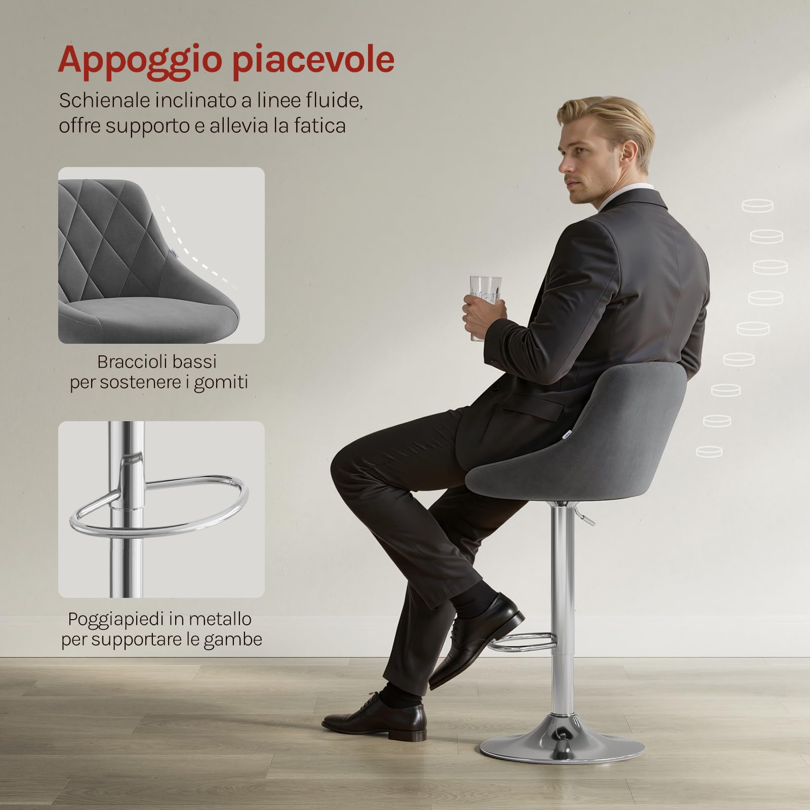 WOLTU Sgabelli cucina, Sgabelli da Bar Set di 2, Sedia da Bar Girevole Regolabile in Altezza, con Schienale Poggiapiedi, in PU, Grigio scuro, BH238dgr-2