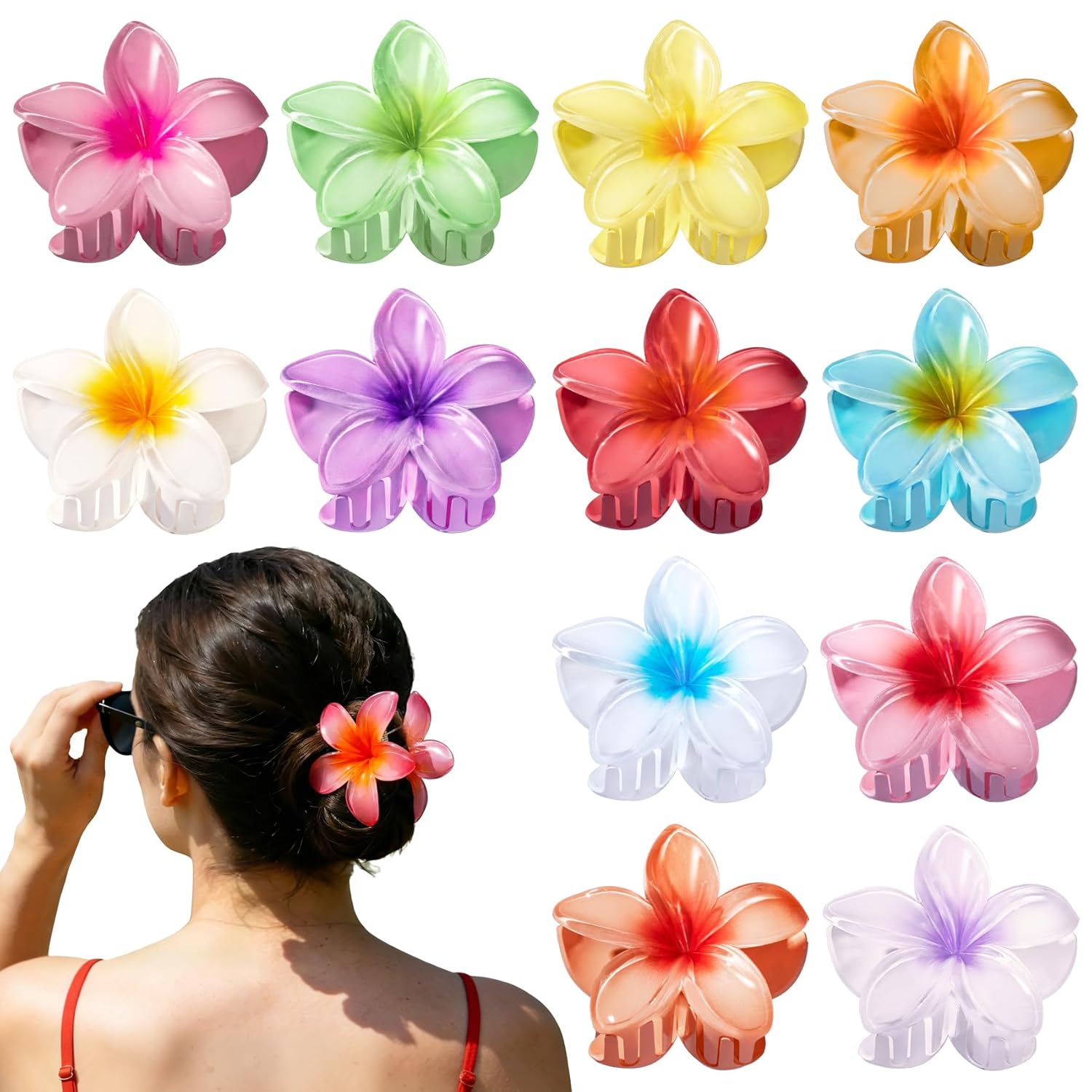 24Pcs Hawaiian Flower Hair Clips for Women, Cute Plumeria Flower Claw Clips Hawaiian Hair Accessories for Girls, Hawaii Tropical Decor, Beach Pool Vacation Outfit, Luau Party Supplies, Wedding