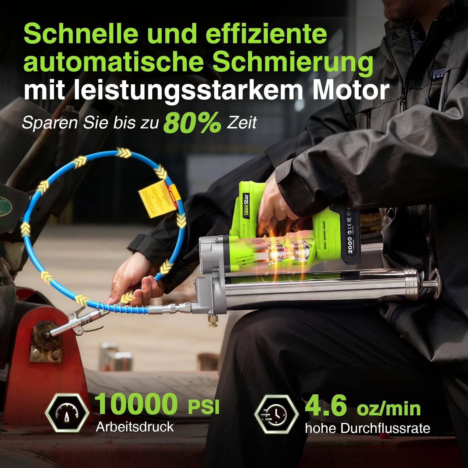 TaskStar Hocheffiziente Akku-Fettpresse: Elektrische Fettpresse mit 2 * 2.0Ah Batterien und Ladegerät, Verbessertes Mundstück, 10000 PSI Max Druck, für Landwirte, Mechaniker und Gerätebesitzer