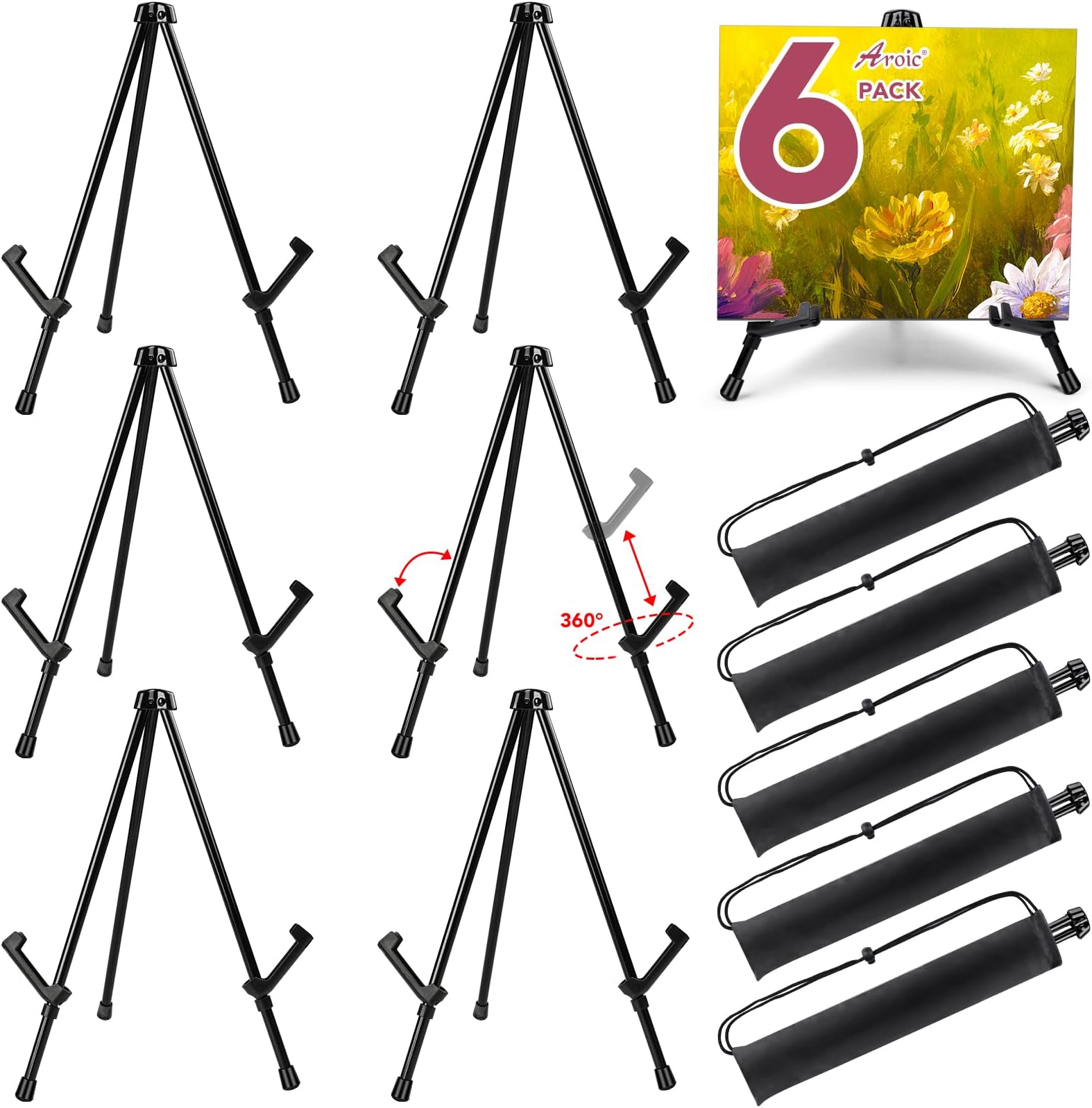 6 Pack 14'' Tabletop Easels, Black Steel Table Top Easels for Display, Adjustable Portable Table Top Easel for Paintings, Signs, Posters,Frame Pictures(with 6 Bags)