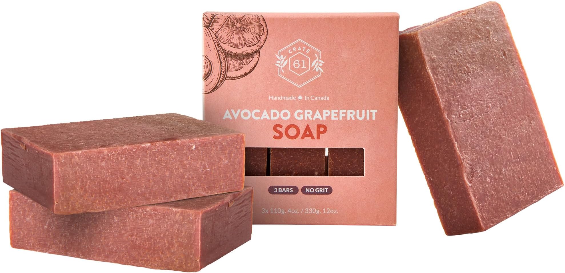 Crate 61 Organics, Handmade in Canada, Plant Based Cold Process Natural Bar Soap For Face And Body, With Premium Essential Oils, For Men And Women 3 Pack (Avocado Grapefruit)