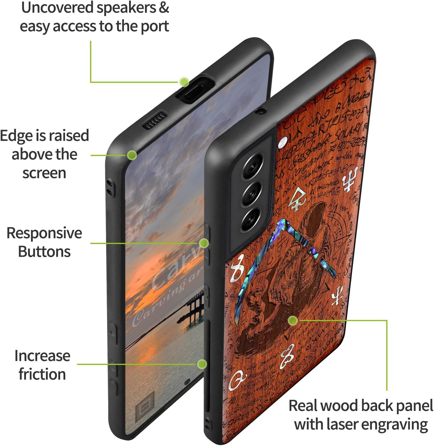 Carveit Designer Wooden Cover for Samsung Galaxy S22 Case [Wood Engraving & Shell Inlay] Compatible with Wireless Chargers Galaxy S22 (Grim Reaper-Rosy)