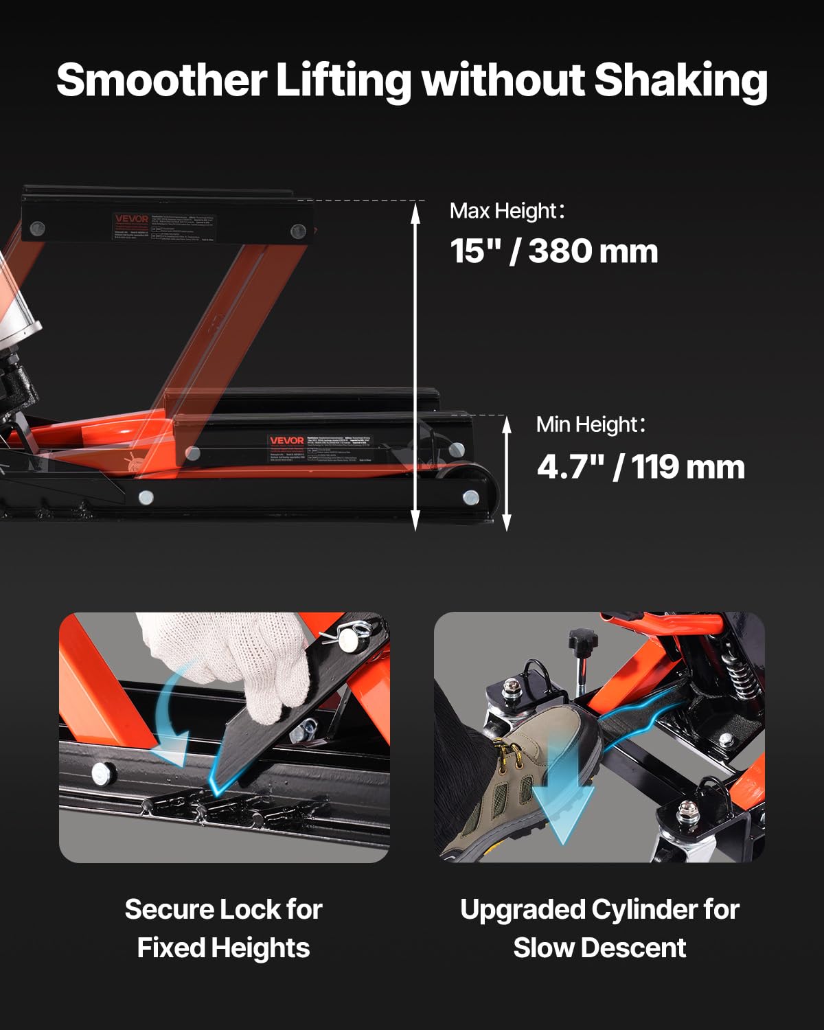 VEVOR Podnośnik motocyklowy, nośność 680 kg, hydrauliczny i pneumatyczny podnośnik motocyklowy, zakres wysokości 10–38 cm, wytrzymały stojak naprawczy do roweru ze zdejmowaną rampą z 2 kółkami do