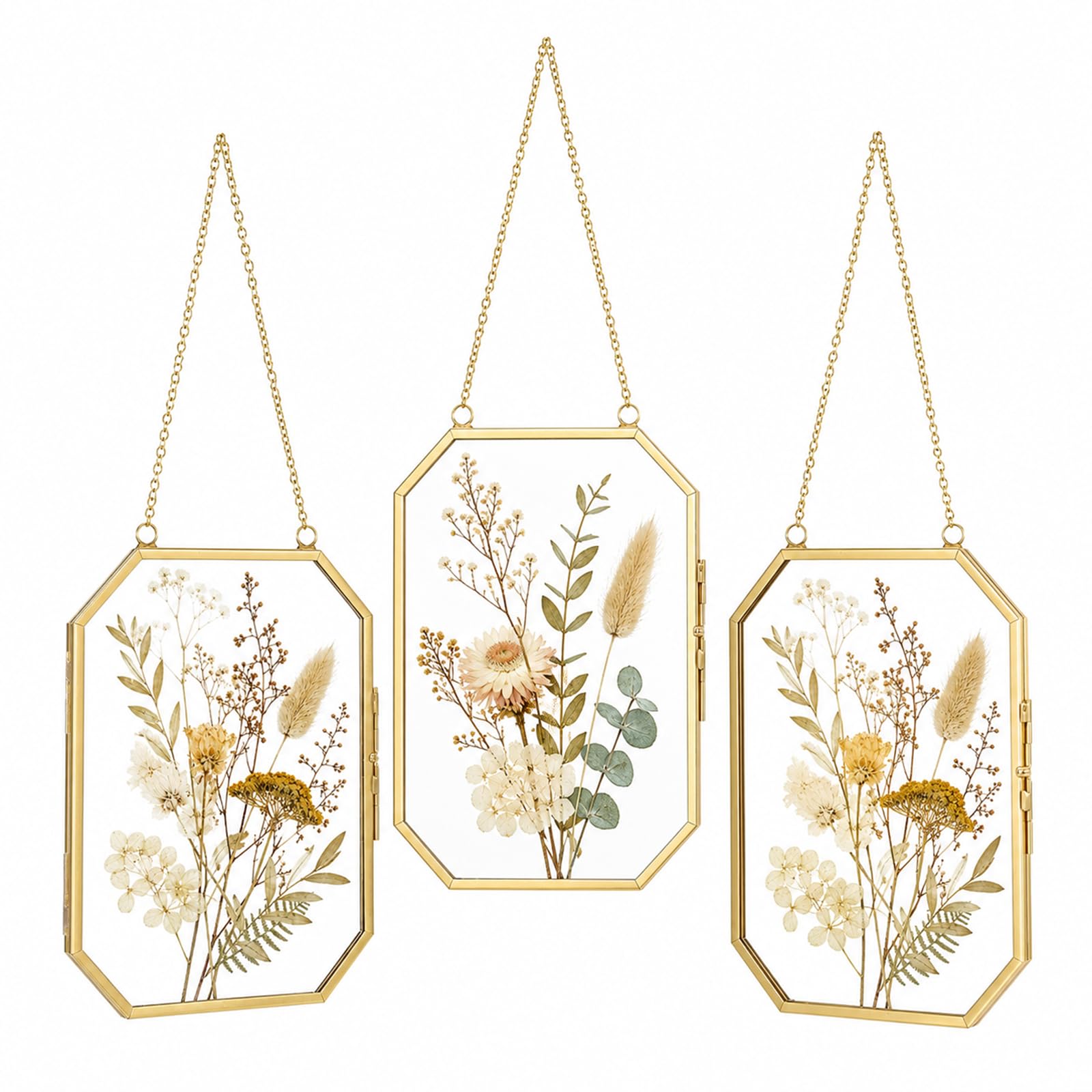 3 Pcs Glass Frames, 3.9 x 5.9 Octagon Floating Pressed Flower Frames, Hanging Glass Picture Holders with Golden Metal Chains for Dried Flowers, Photos, Postcards, and Wall Decor