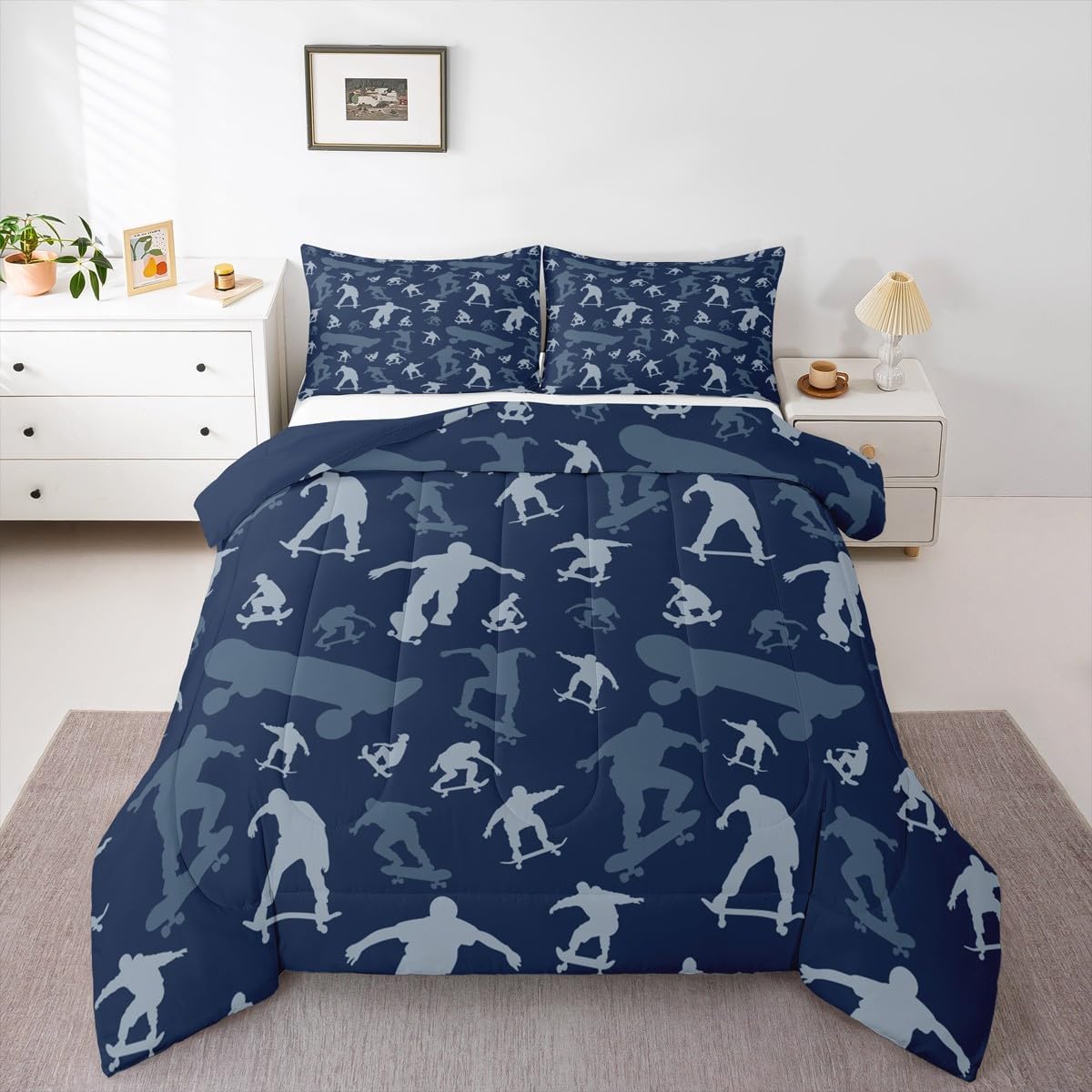 Boy Skateboard Comforter Set Twin Size,Skateboarding Print Bedding Sets 2Pcs for Kids Girls Boys Women Room Decor,Extreme Sport Gameing Quilted Duvet Modern Navy Blue Down Comforter,1 Pillowcase