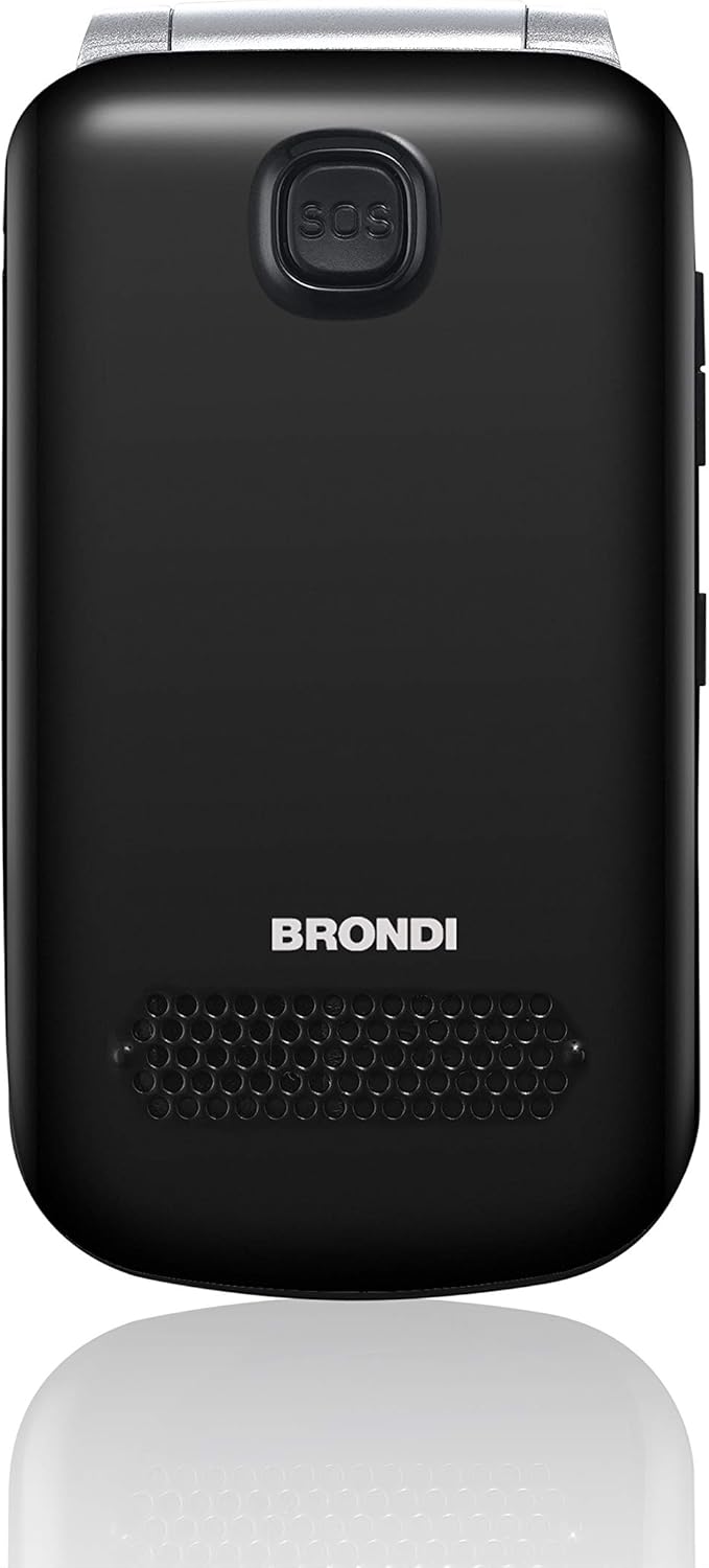 Back of the BRONDI Amico Supervoice phone showing the prominent SOS button.