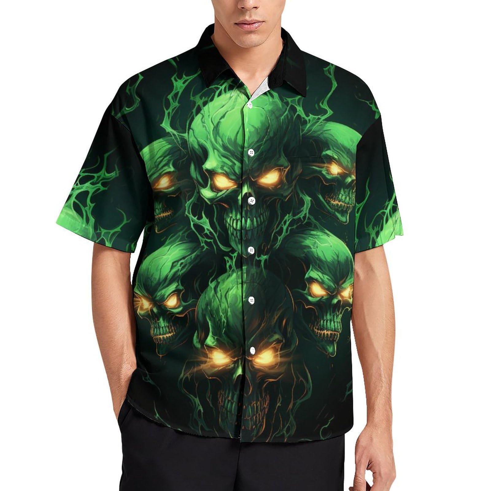 Hehanus Men's Green2 Skull Hawaiian Shirts Flame Skull Print Shirt Button Down Short Sleeve Beach Shirt, Large