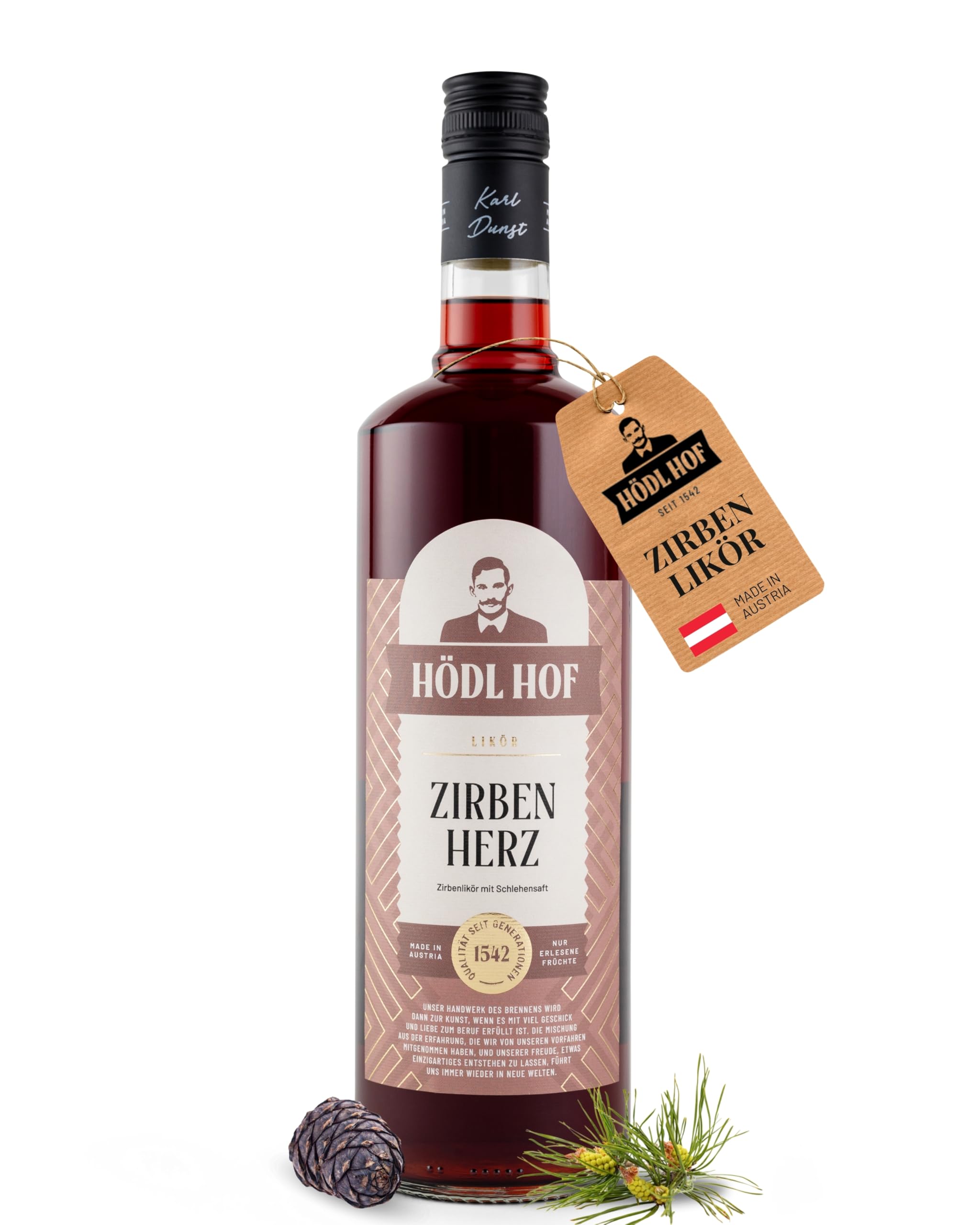 Hödl Hof Zirbenherz-Likör 1,0L I Hochwertiger Zirbenlikör aus steirischen Zirbenzapfen I Premium-Zirben-Likör mit zarter Süße & Citrusnoten I Edle Spirituose 20% vol