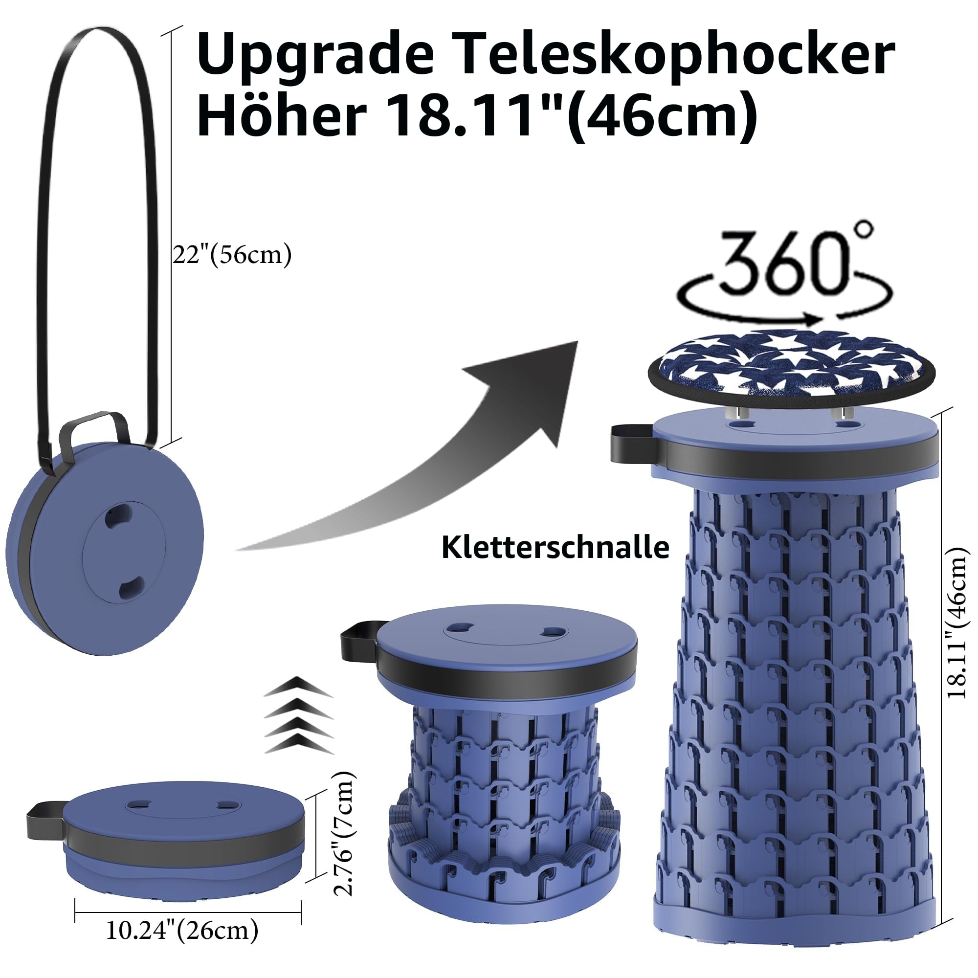 Tragbarer klapphocker mit Kissen,Campinghocker faltbar,teleskophocker Faltbarer für Erwachsene für Wandern, Angeln, Reisen, Grillen Tragfähigkeit 600lbs mit Tragetasche