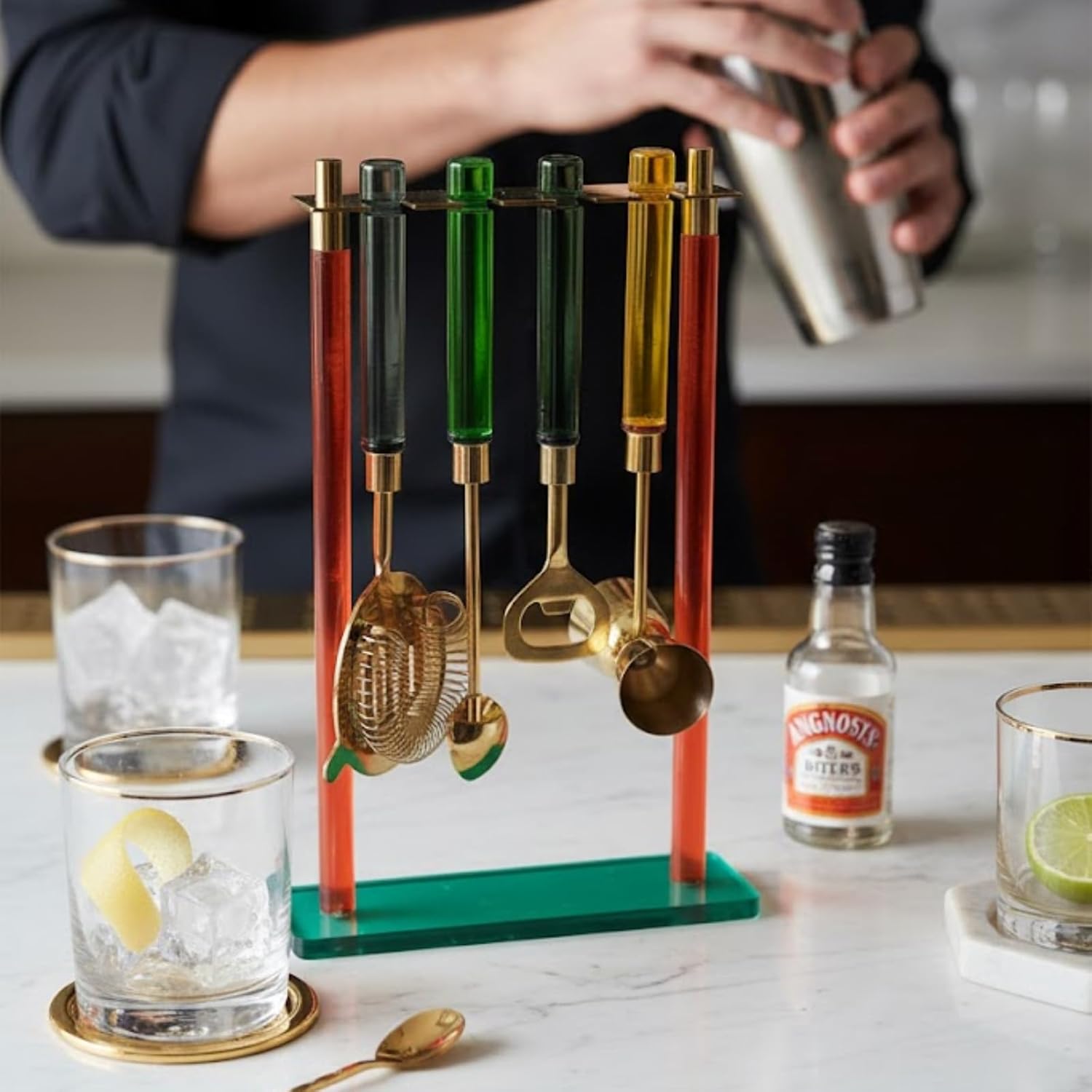 5-Piece Gold Bartender Kit with Stand. Stainless Steel Bar Tool Set, Colorful Handles. Includes Jigger, Strainer, Spoon, Bottle Opener Luxury Home Bar Cart Accessories, Cocktail Decor & Mixer Gift Set