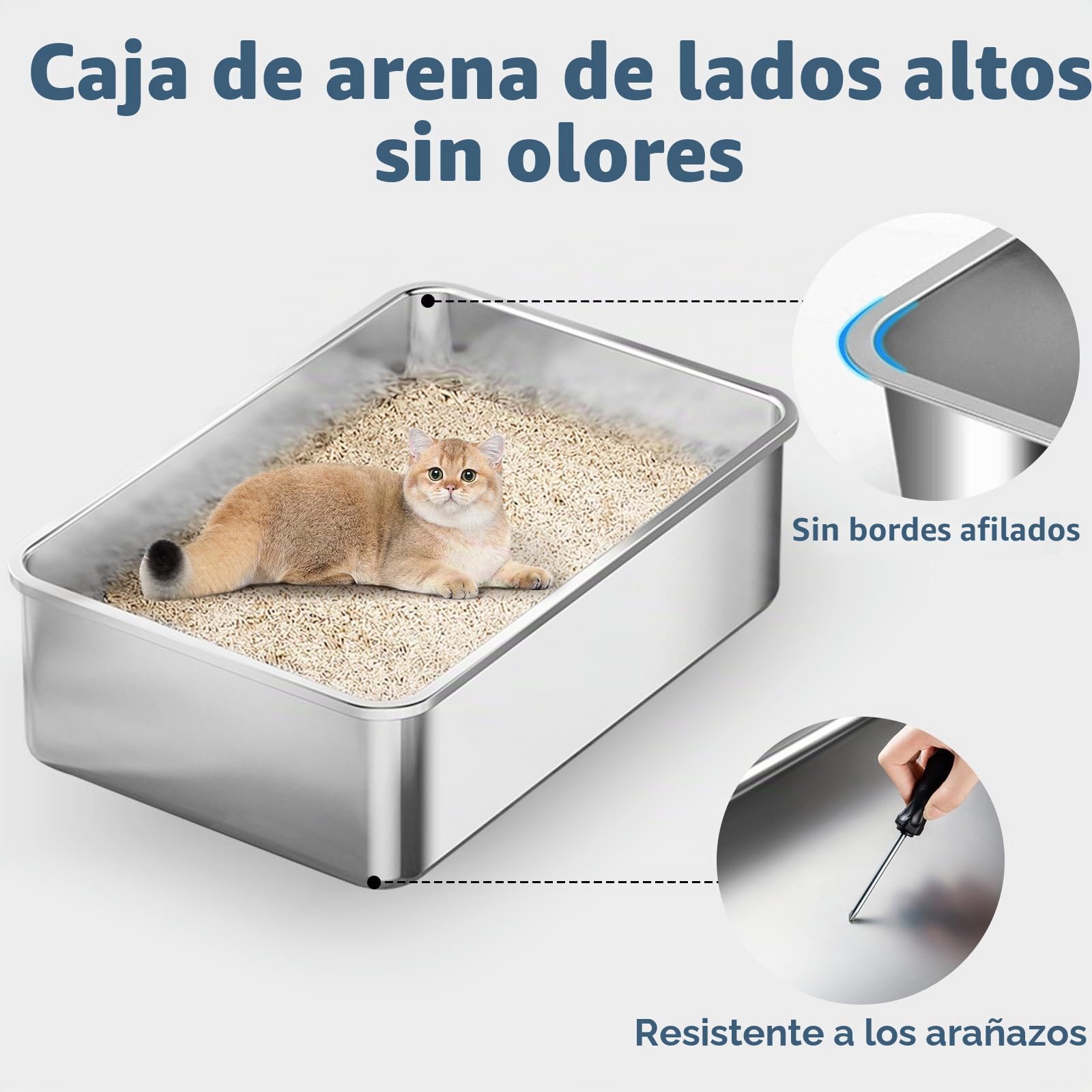 Arenero para Gatos de Acero Inoxidable Paquete de 3, 50 x 35 x 15 cm, con Bordes Altos de Metal, Extra Grande, Antiadherente, sin Olor