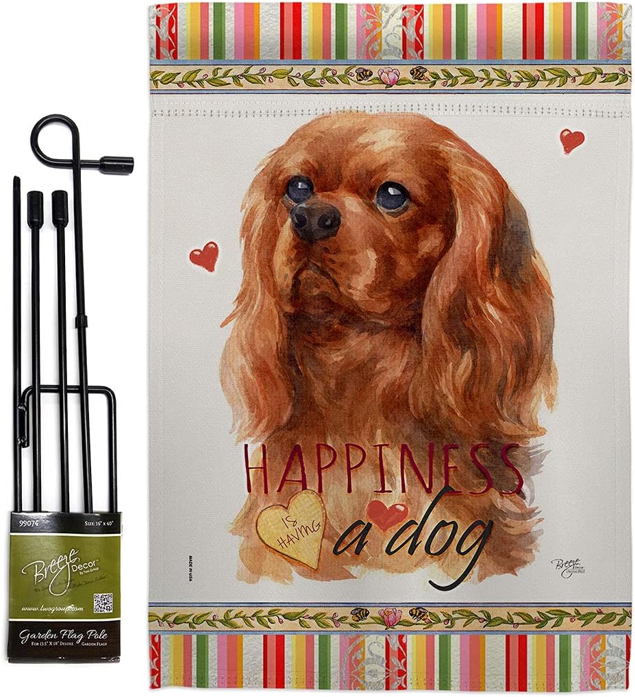 Breeze Decor Ruby Cavalier King Spaniel Happiness Garden Flag-Set with Stand Dog Puppy Spoiled Paw Canine Fur Pet Nature Farm Animal Creature House Banner Small Yard Gift Double-Sided, Made in USA