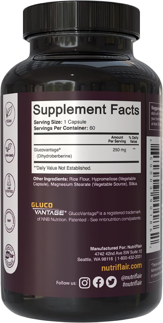 NutriFlair DihydroBerberine 250 mg (GlucoVantage), 60 Capsules - High Bioavailability Berberine Supplement | Advanced Metabolic & Daily Wellness Support | 2-Month Supply