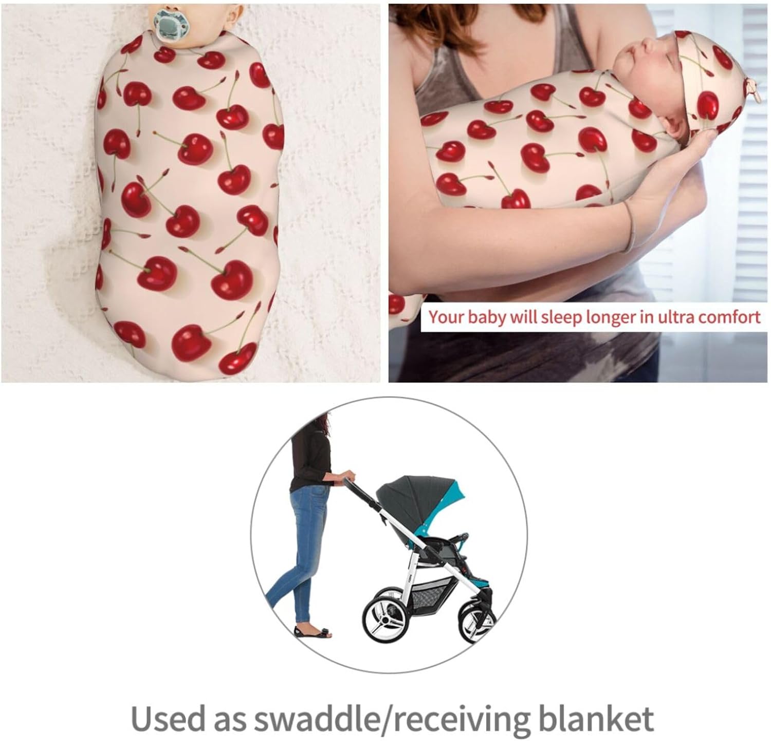 Red Cherrys Pattern Newborn Swaddle Blankets Hat Sets Soft Baby Receiving Blanket Swaddle Sack for Baby Shower Infant Boy Girl Gift - Image 4