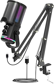 USB Gaming Microphone with Boom Arm Stand for PC/PS5 - Adjustable Scissor Arm & Pop Filter - RGB Condenser Mic with Mic Ga... Price In India
