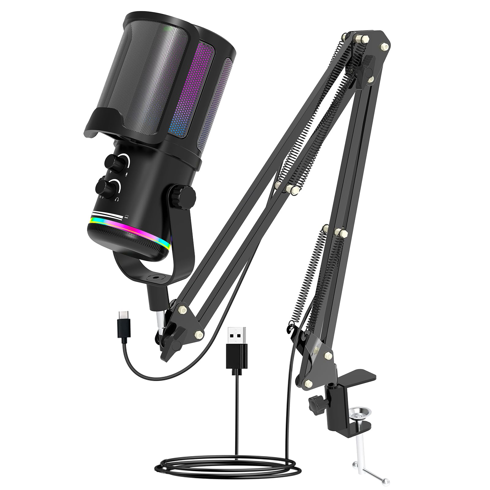 USB Gaming Microphone with Boom Arm Stand for PC/PS5 - Adjustable Scissor Arm & Pop Filter - RGB Condenser Mic with Mic Gain & Headphone Volume Control - Mute Button - Professional Streaming Kit-image-31
