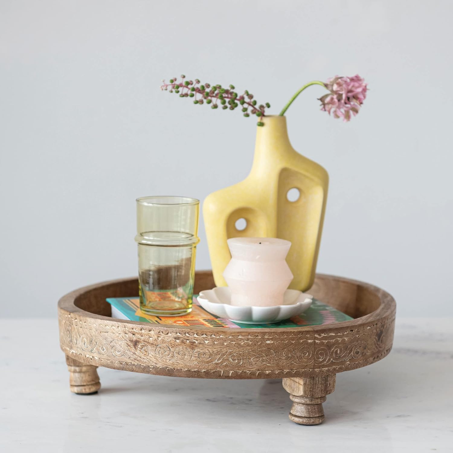 Boho Footed Wood Tray with Carved Design, Natural